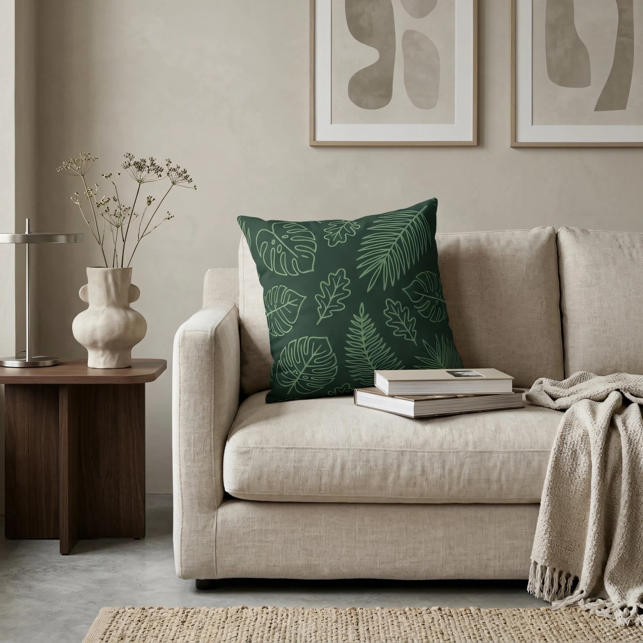 Dark green botanical cushion with leaf patterns on a beige sofa in a minimalist living room featuring a wooden side table and dried flowers.