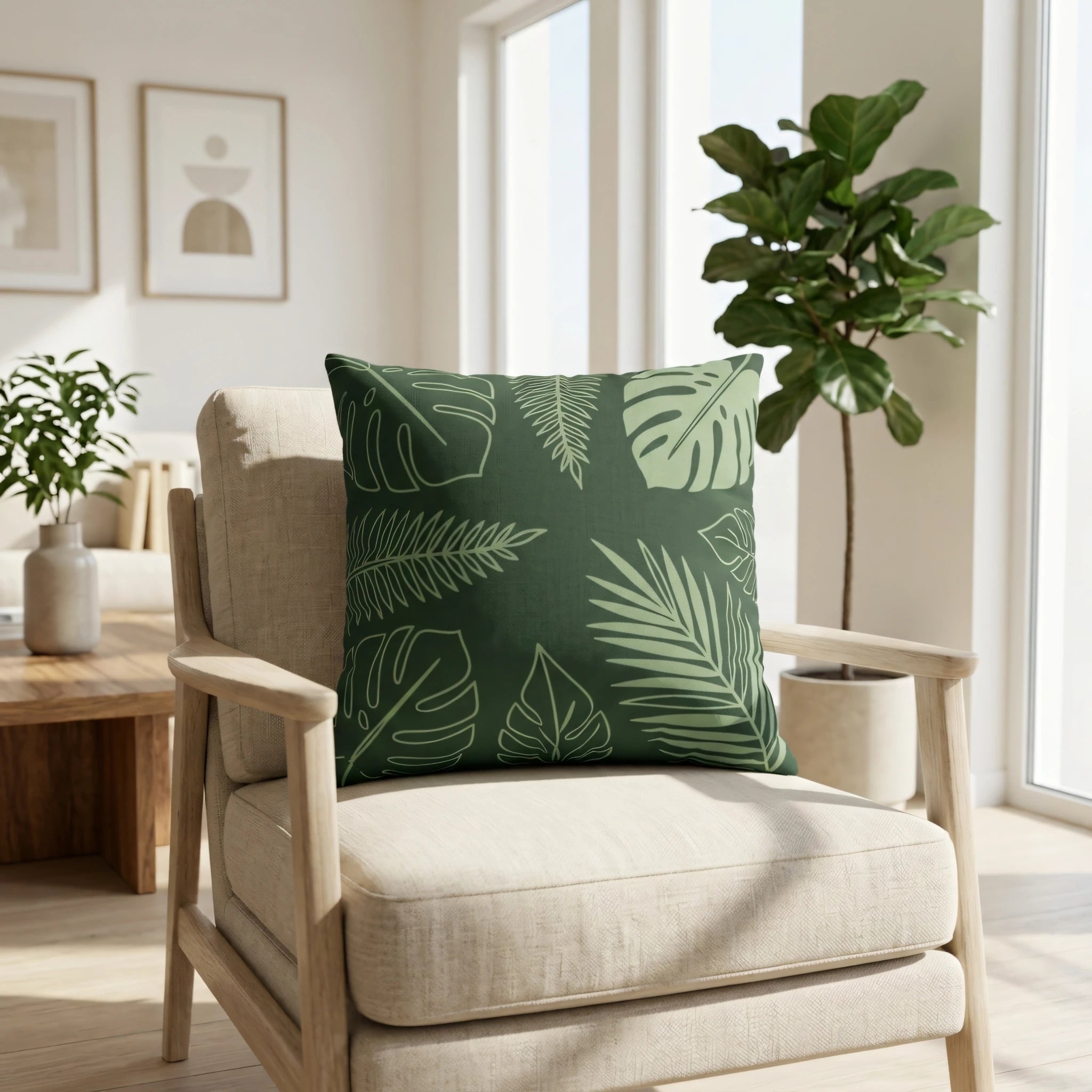 Botanical print green throw cushion on a beige armchair in a bright modern living room with a fiddle leaf fig and natural light.