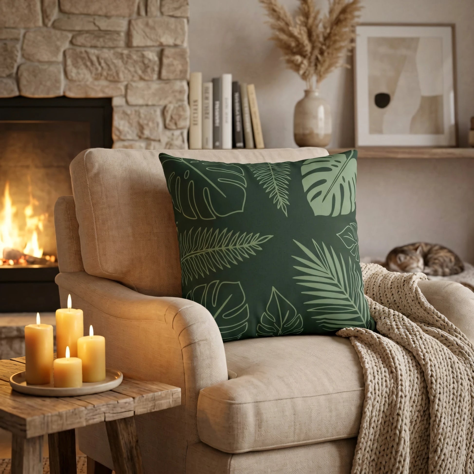 Decorative green pillow with fern and monstera leaf patterns on a beige armchair in a cosy living room with a lit fireplace.