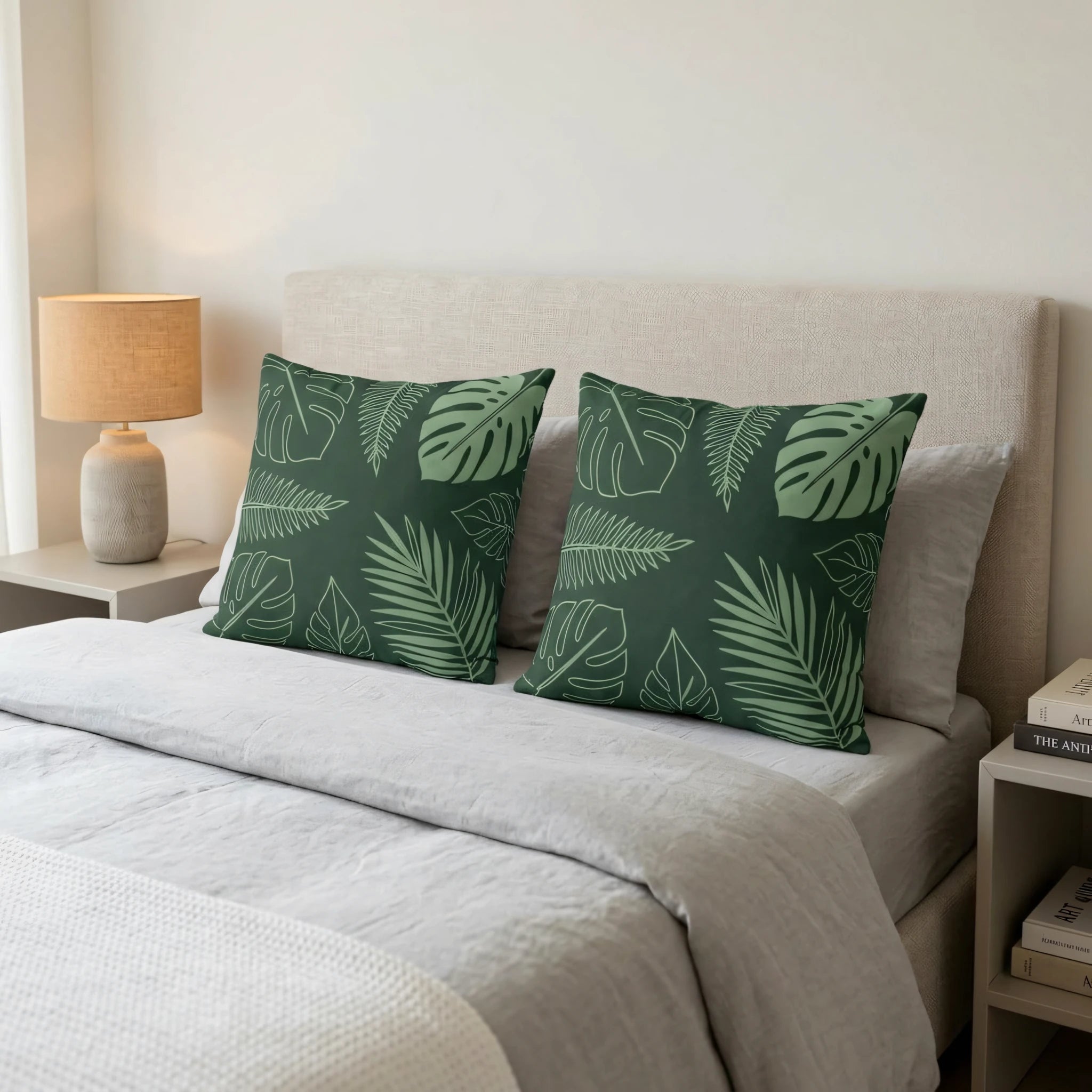 Two dark green decorative cushions with tropical leaf prints on a neutral bed in a minimalist bedroom setting with a warm lamp.