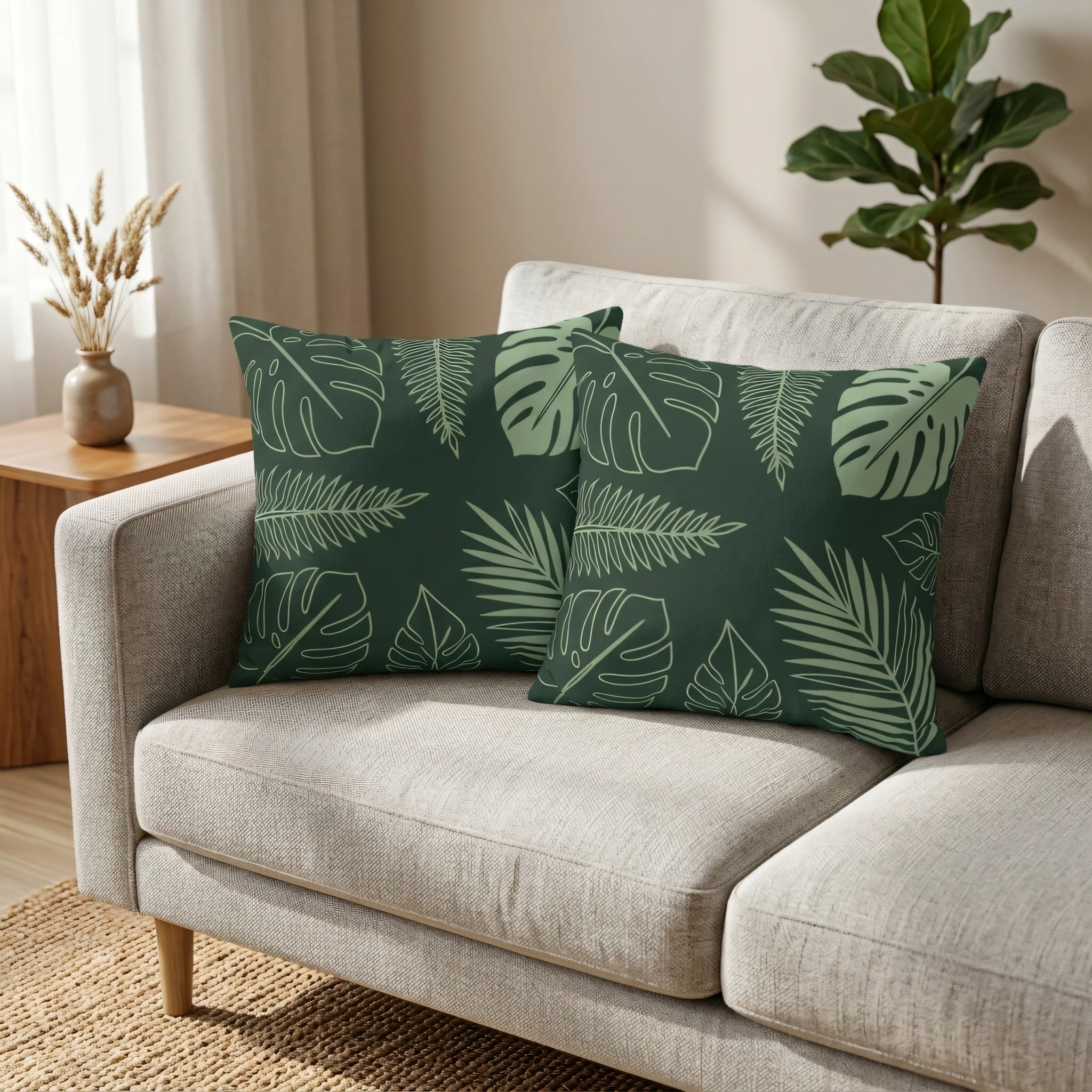 Set of two dark green cushions with tropical leaf patterns on a beige sofa in a bright living room with botanical Monstera and fern designs.