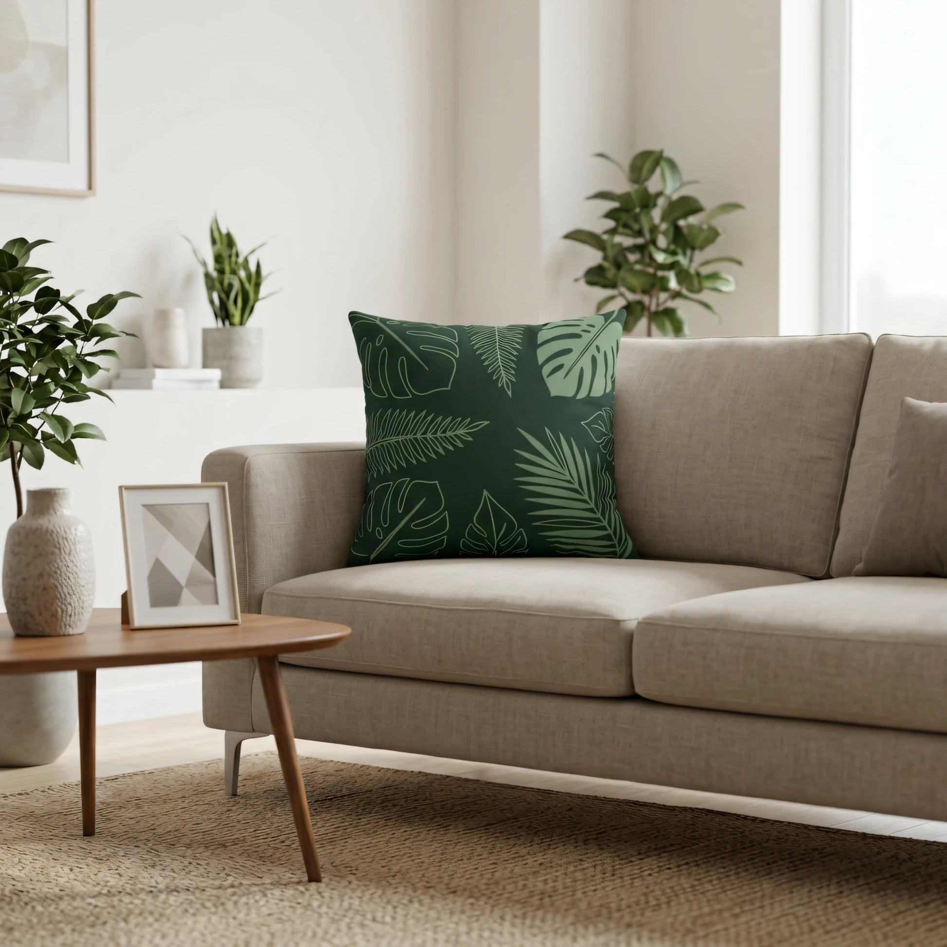 Tropical green leaf pattern cushion on a beige sofa in a modern living room. Minimalist decor with indoor plants and a wooden coffee table.