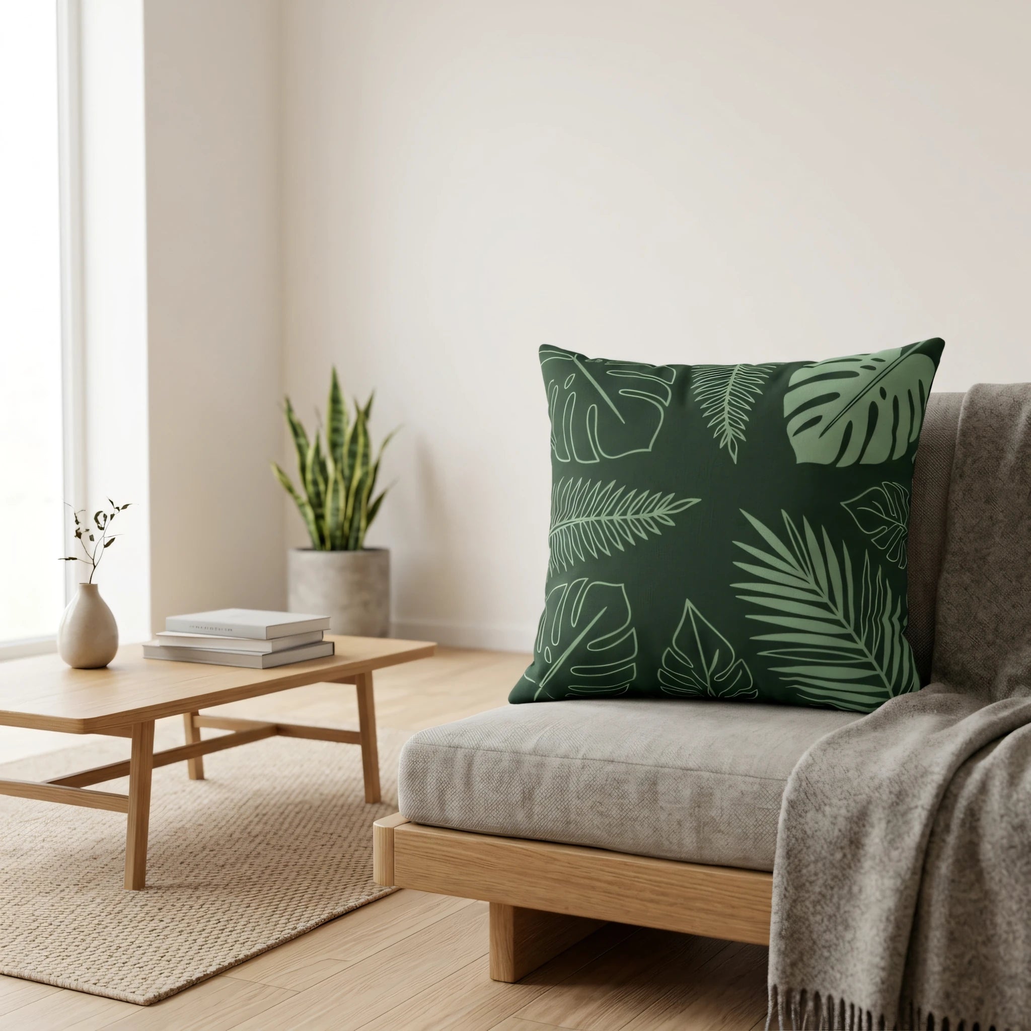 Dark green cushion with a Monstera and fern pattern on a grey sofa in a minimalist living room with a wooden coffee table and a snake plant.