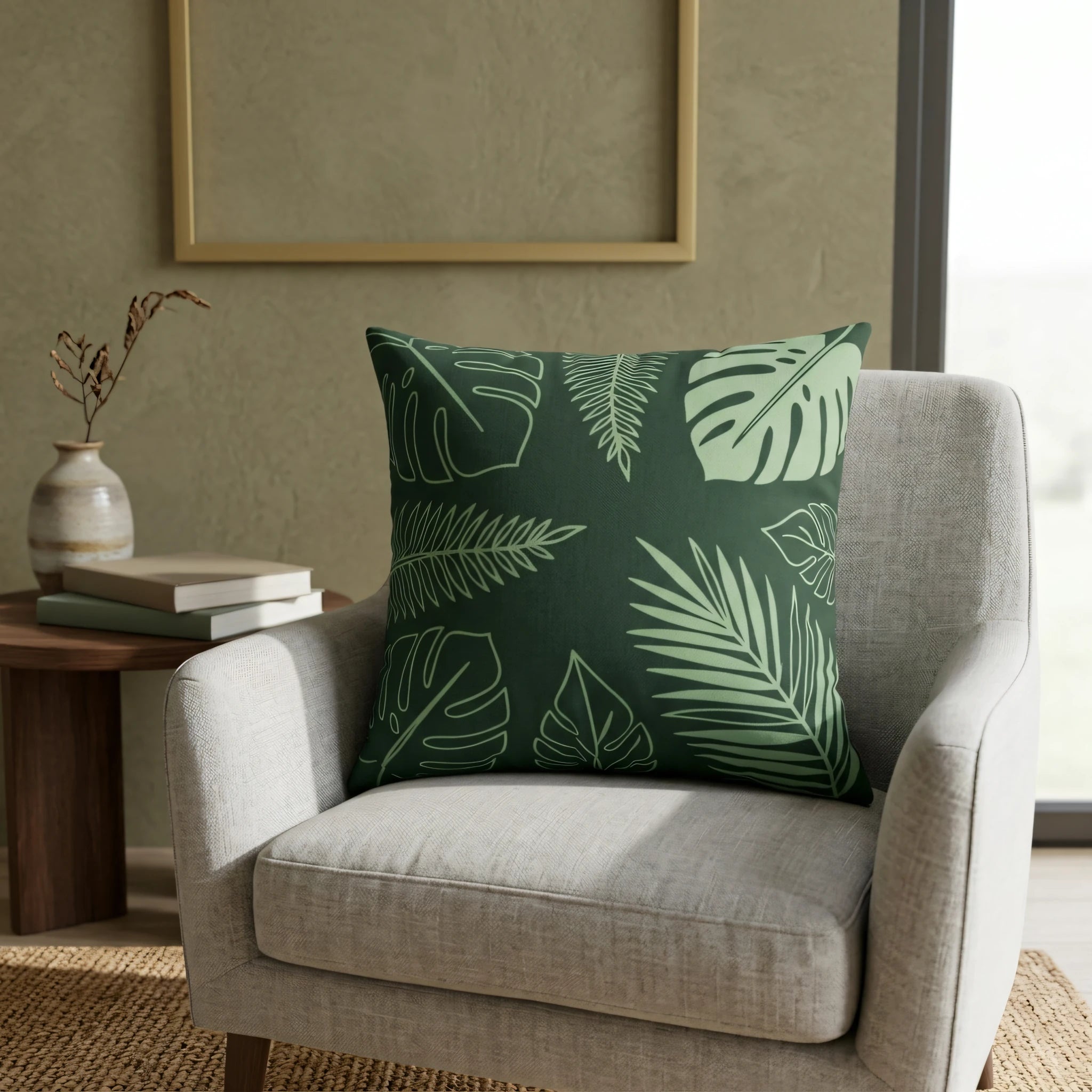 Green botanical leaf pattern throw pillow on a modern gray armchair in a cozy living room with a wooden table and gold frame.