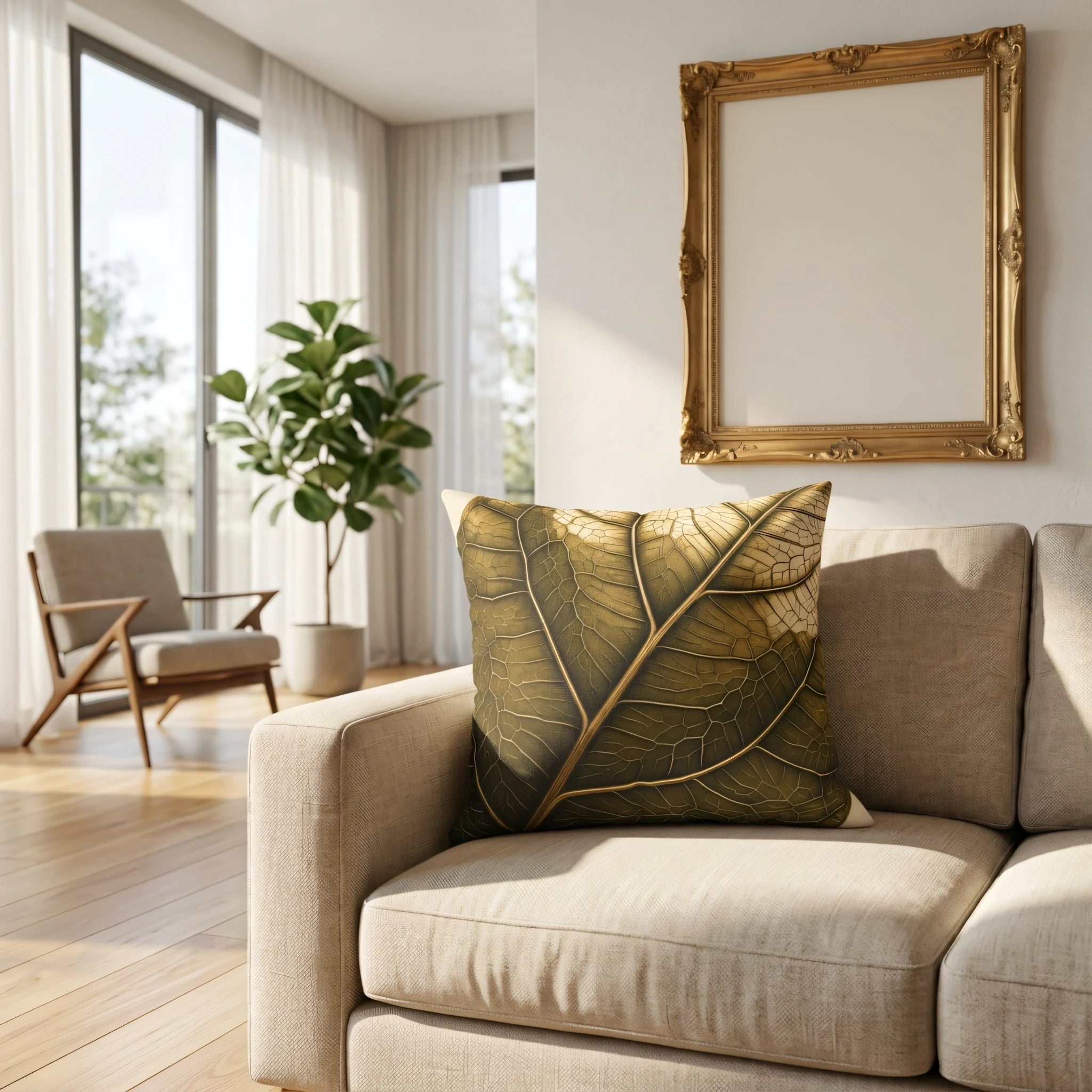 Stylish gold leaf print cushion on a light beige sofa in a sunny, modern living room setting with a large ornate golden picture frame.