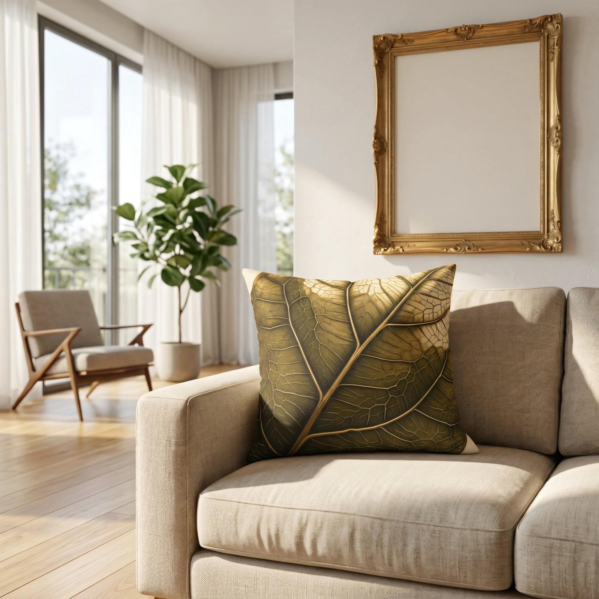 Stylish gold leaf print cushion on a light beige sofa in a sunny, modern living room setting with a large ornate golden picture frame.