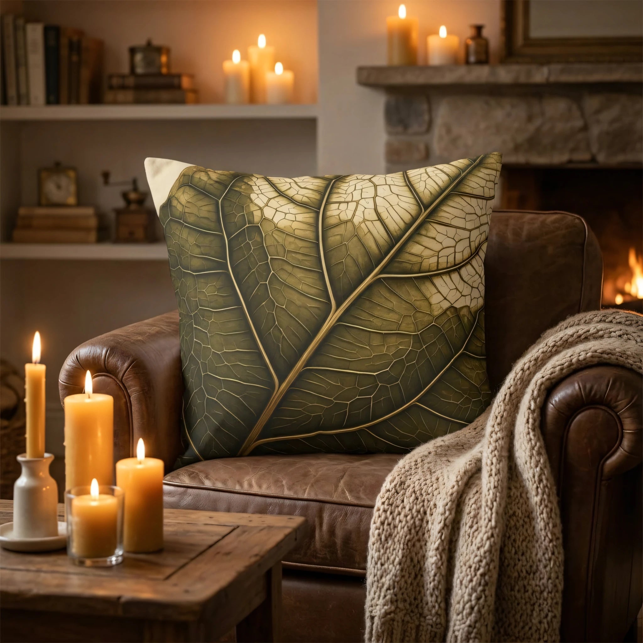 Green leaf print throw pillow on a leather armchair in a cozy living room with lit candles and a warm fireplace in the background.