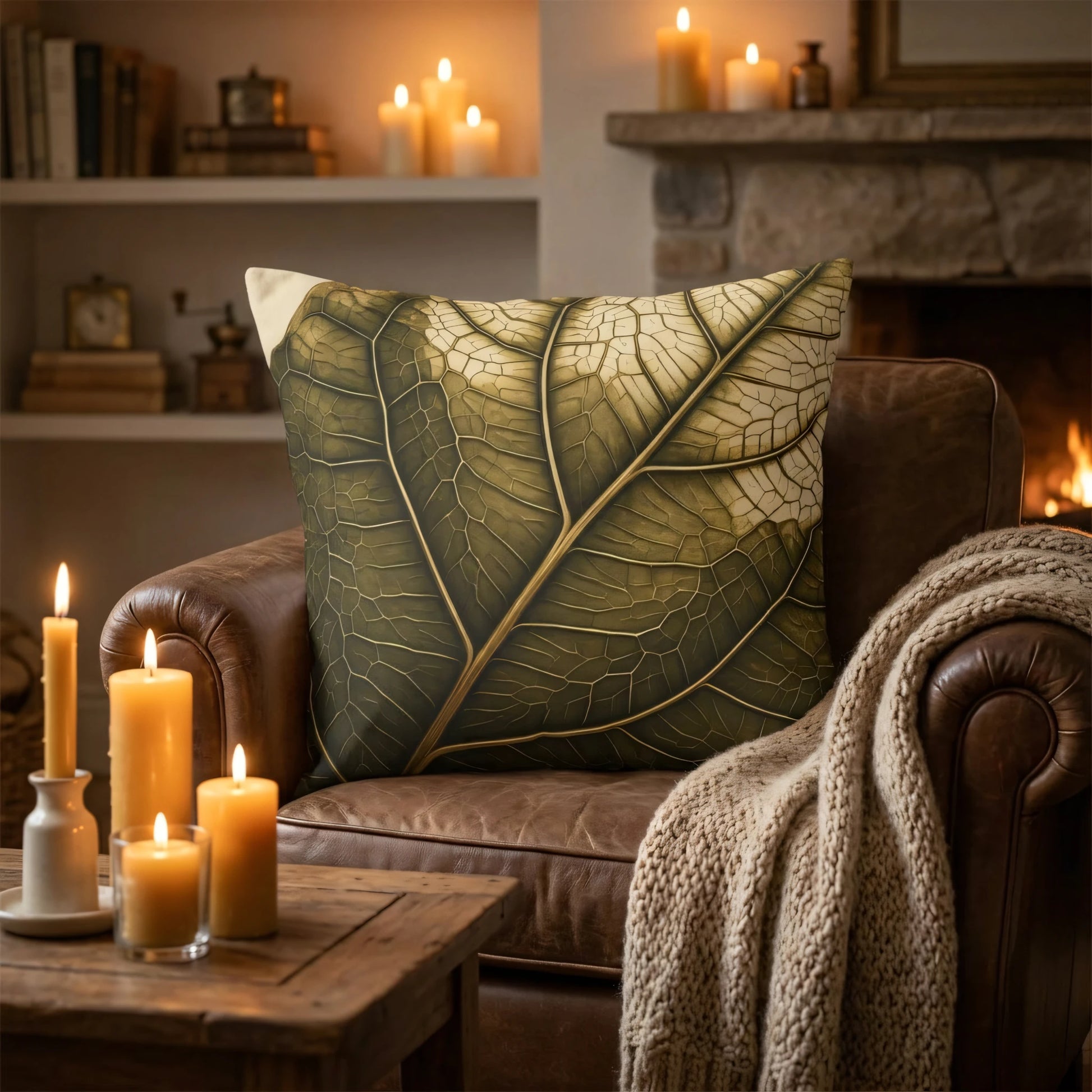 Green leaf print throw pillow on a leather armchair in a cozy living room with lit candles and a warm fireplace in the background.