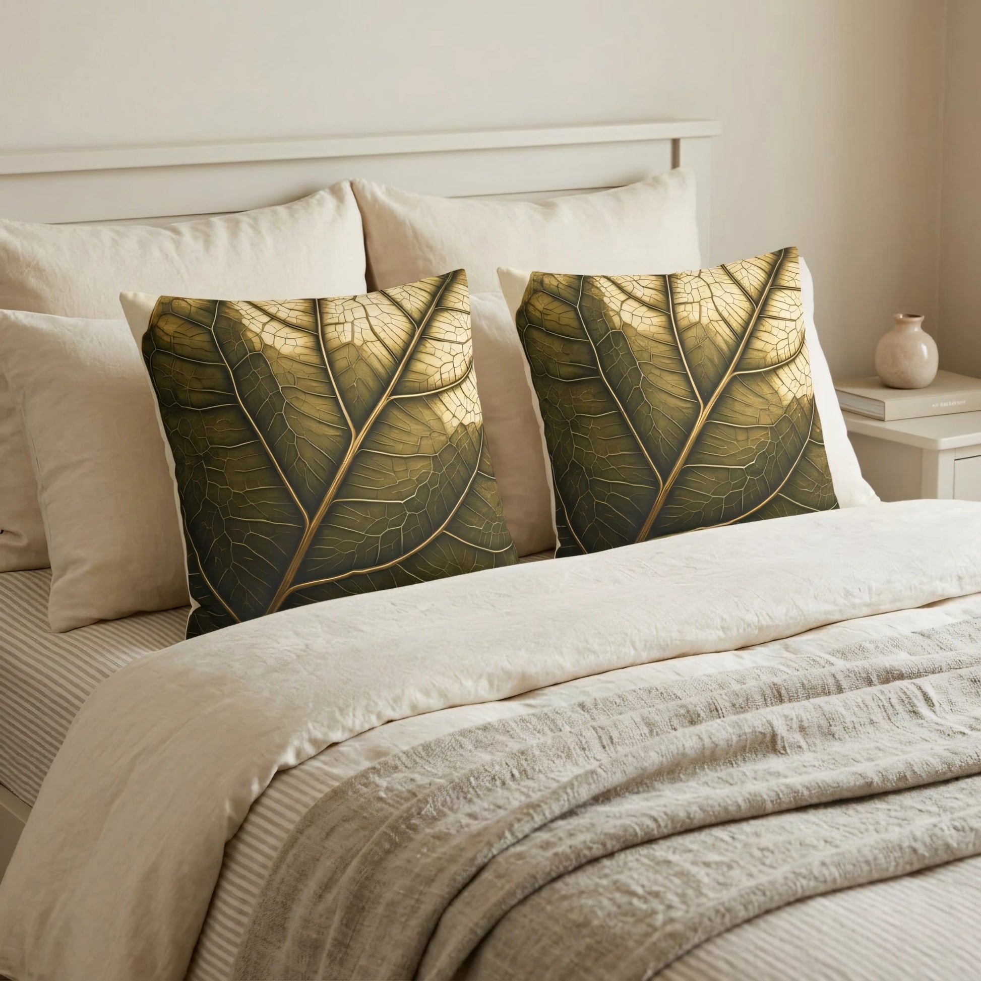 Two decorative cushions with a golden leaf vein pattern on a cream bed in a bright bedroom lifestyle setting with neutral linens and headboard.