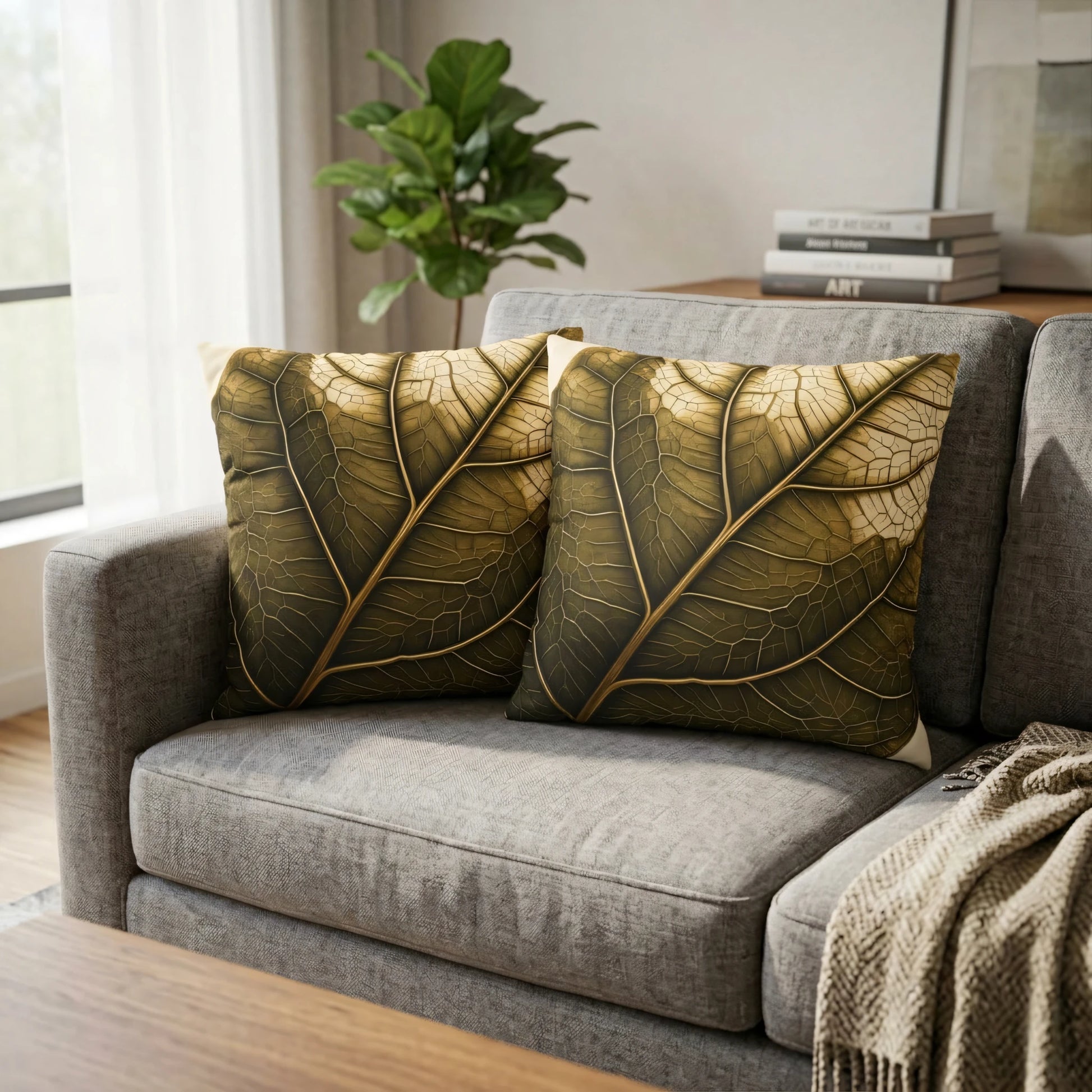 Pair of decorative leaf pattern cushions in olive green and gold on a grey sofa in a cozy, modern living room setting.