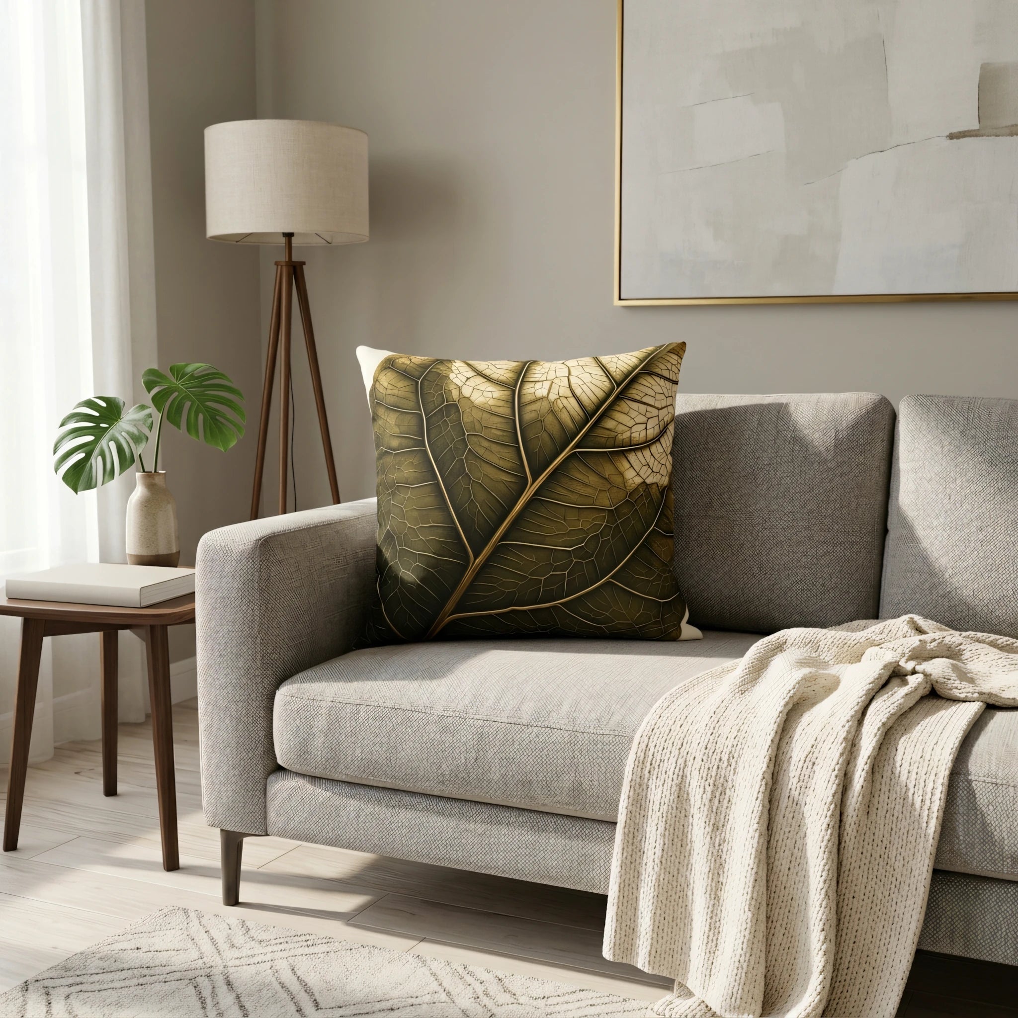 Modern living room cushion featuring a green and gold leaf vein design on a grey sofa with a wooden tripod lamp and monstera plant decor.