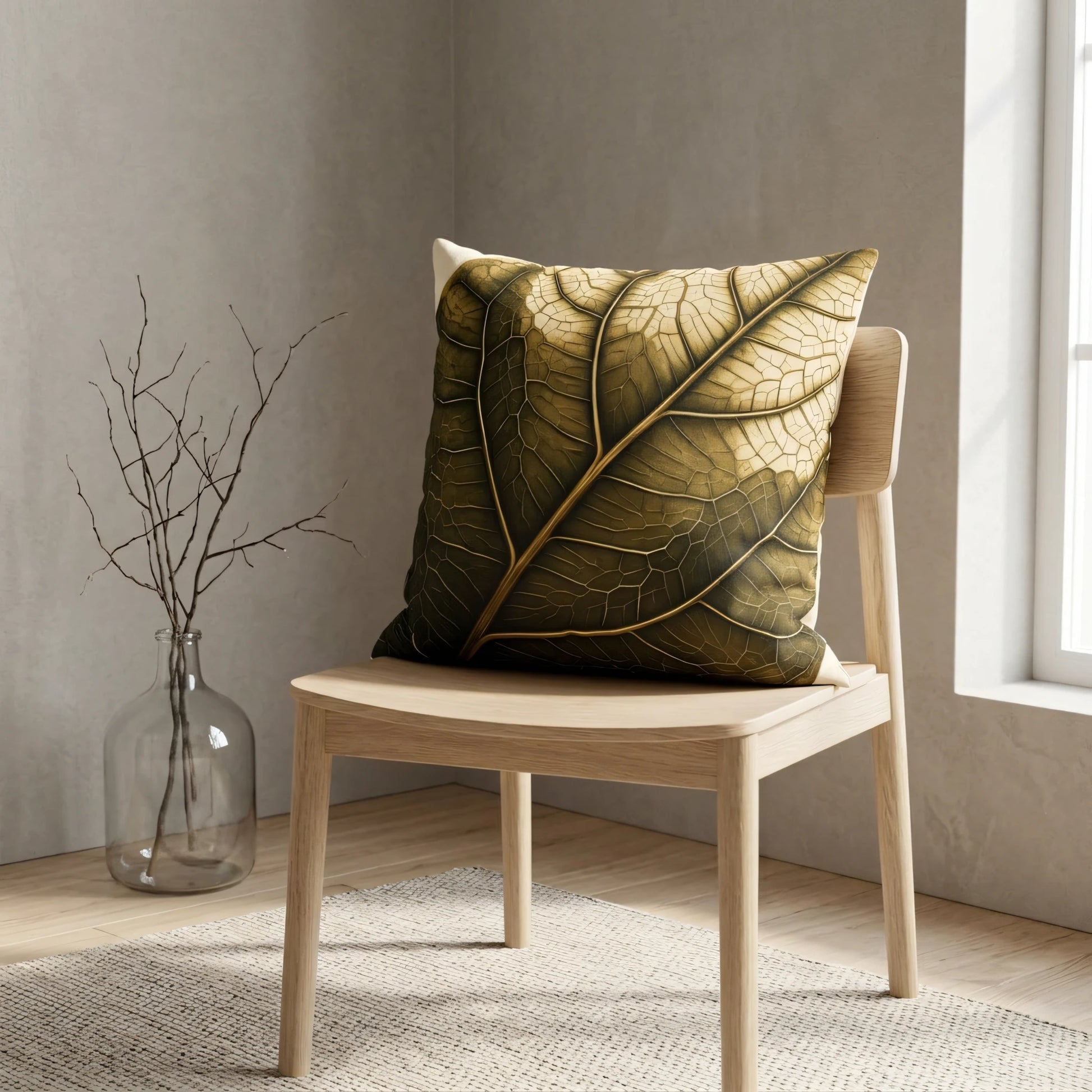 Earthy green leaf print cushion on a light oak chair in a minimalist interior setting with a glass vase, neutral rug, and natural light.