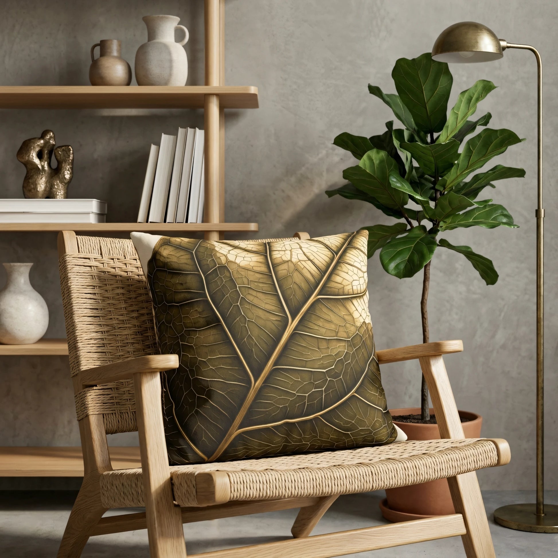 Gold leaf pattern cushion on a woven wooden armchair in a modern living room with a fiddle leaf fig and neutral decor.