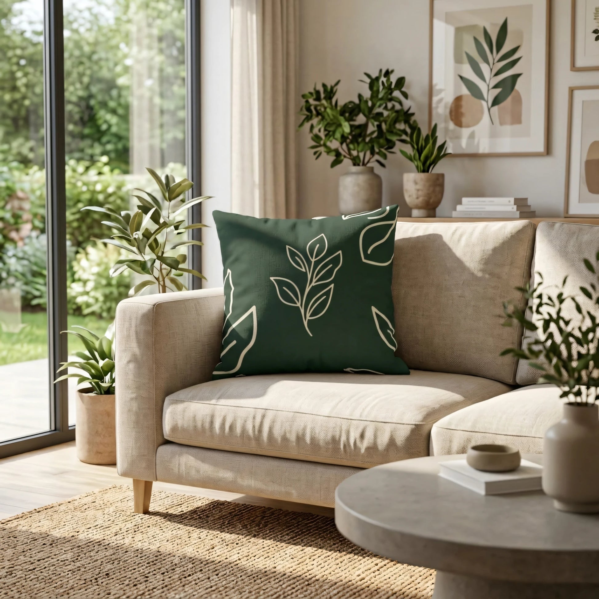 Modern forest green cushion with a white leaf pattern on a beige sofa in a bright, sunlit living room with natural botanical decor.