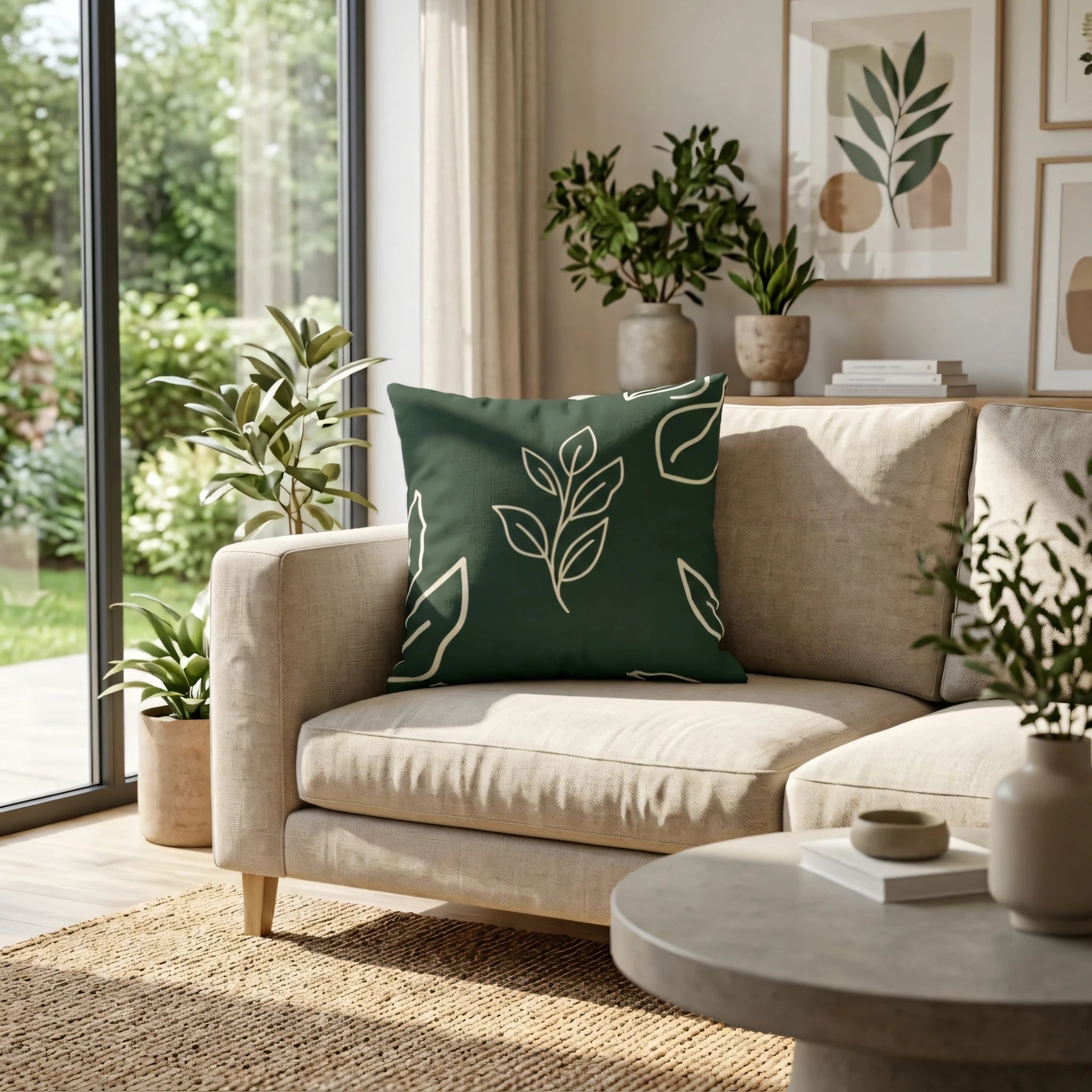 Modern forest green cushion with a white leaf pattern on a beige sofa in a bright, sunlit living room with natural botanical decor.