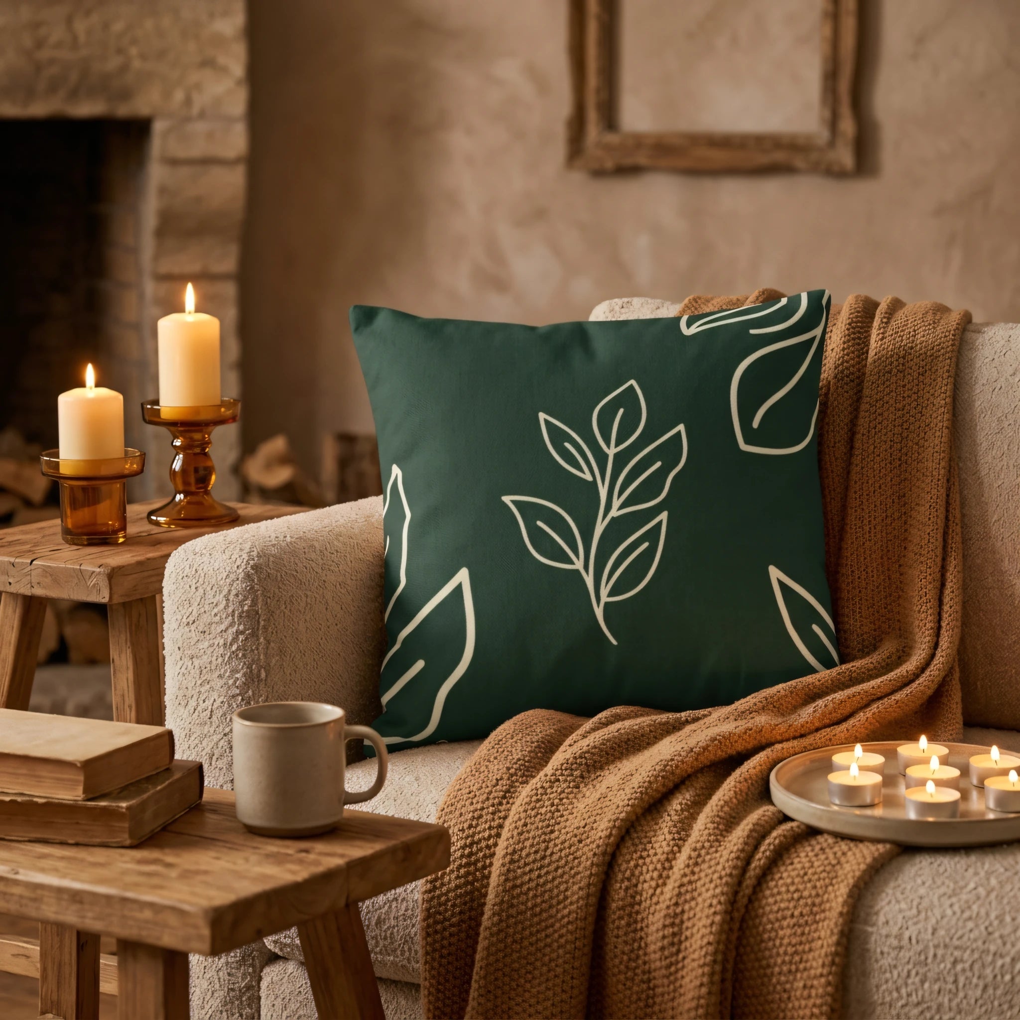 Green botanical leaf pattern cushion on a beige sofa with a brown knit throw and lit candles in a warm, cozy home interior setting.