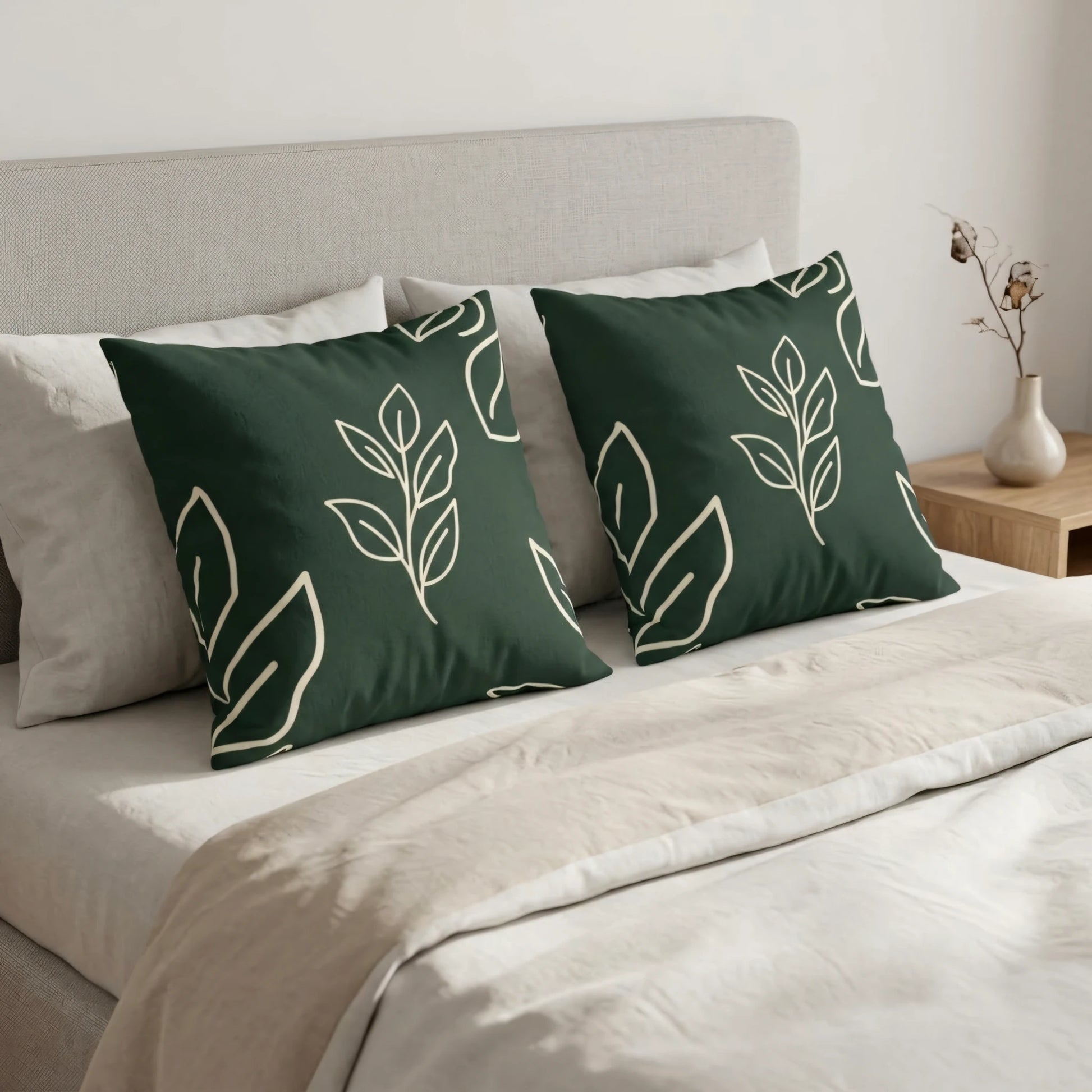 Two dark green cushions with white leaf patterns on a bed with a grey headboard and neutral linens in a minimalist bedroom setting.