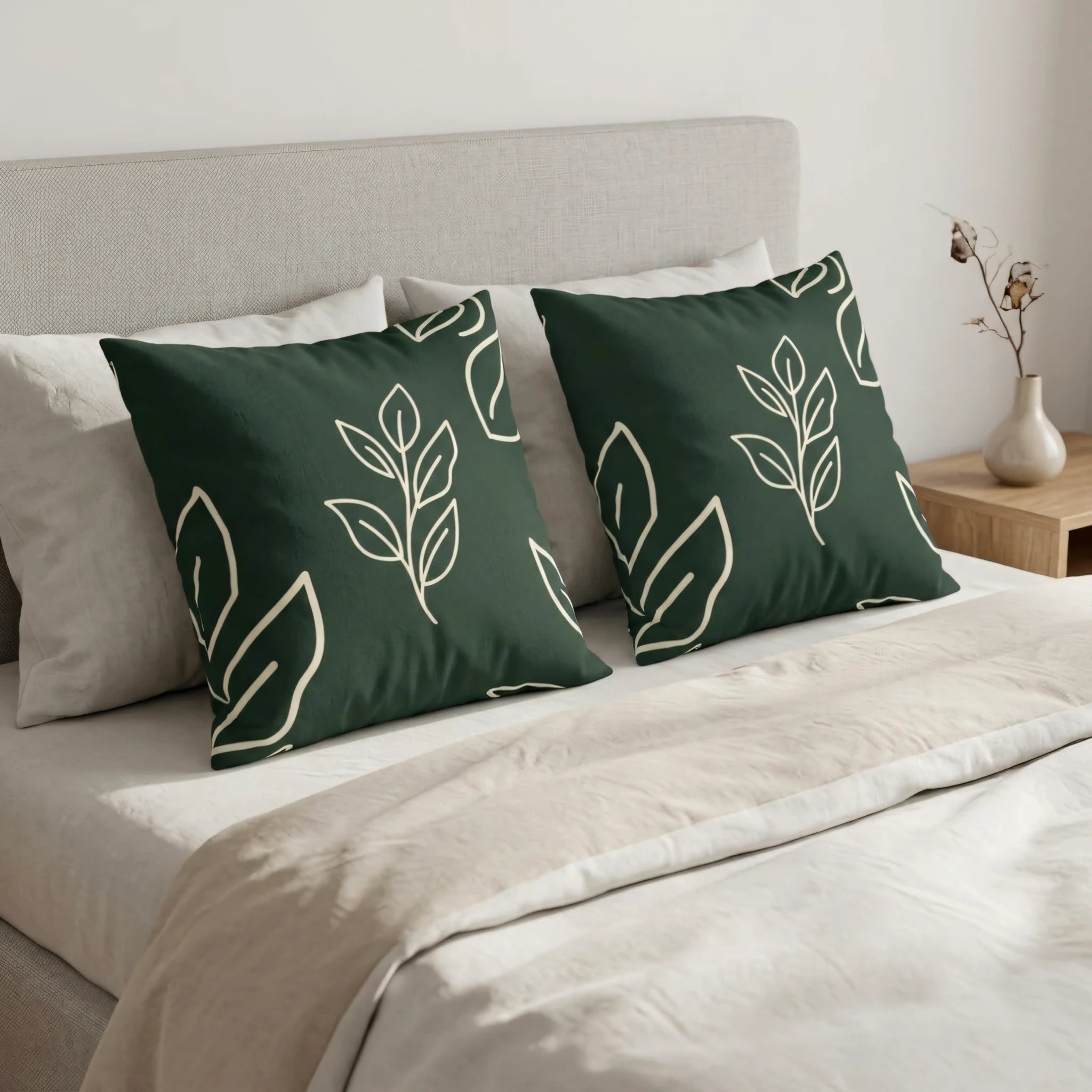 Two dark green cushions with white leaf patterns on a bed with a grey headboard and neutral linens in a minimalist bedroom setting.