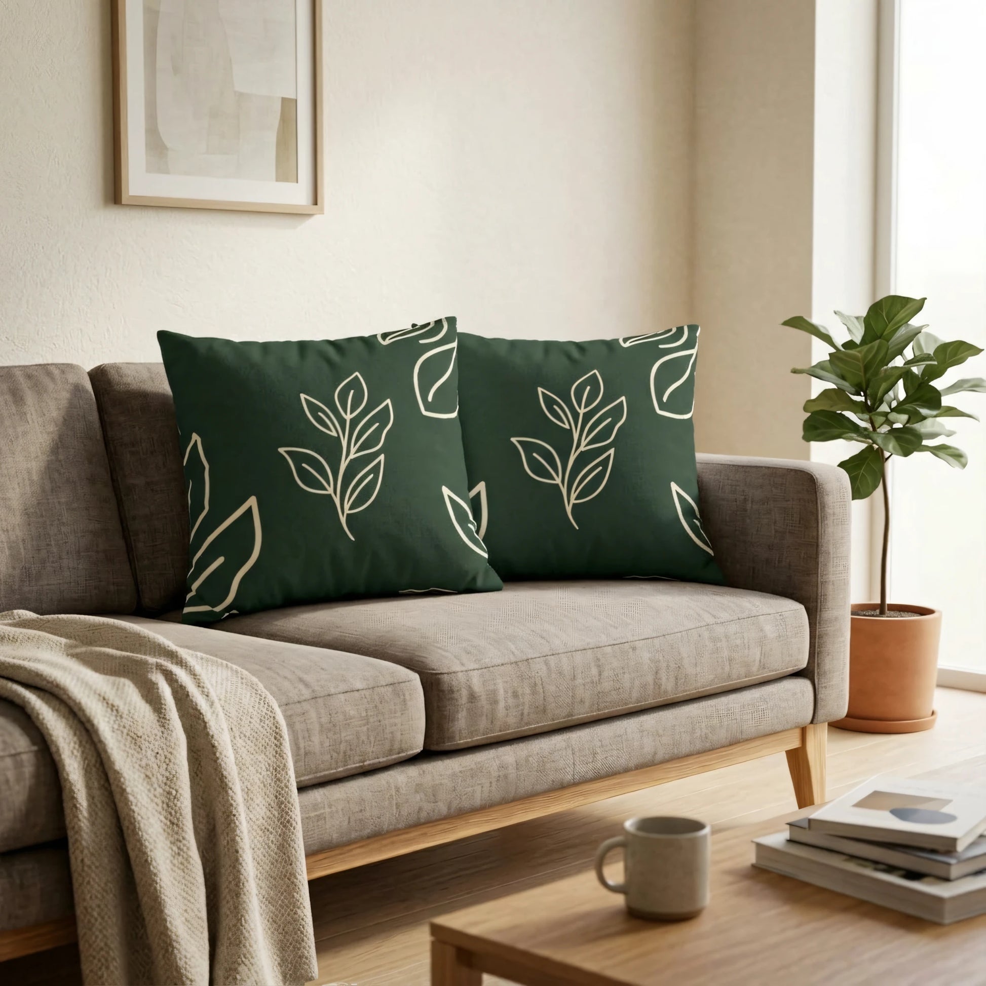 Two dark green cushions with white leaf patterns on a neutral sofa in a cozy living room with a wooden coffee table and indoor plant.