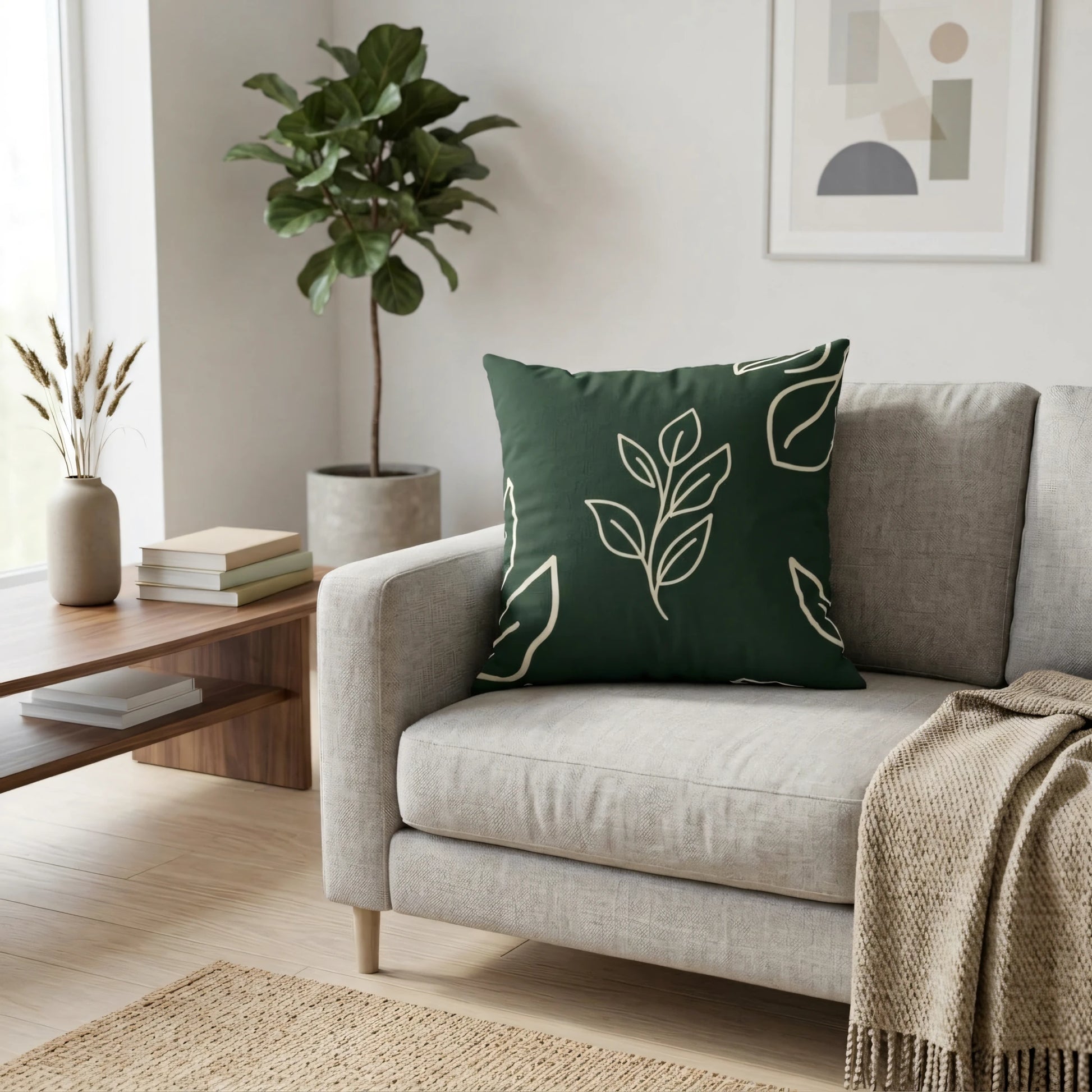 Dark green decorative cushion featuring a white leaf pattern on a grey sofa in a modern minimalist living room setting with neutral decor.
