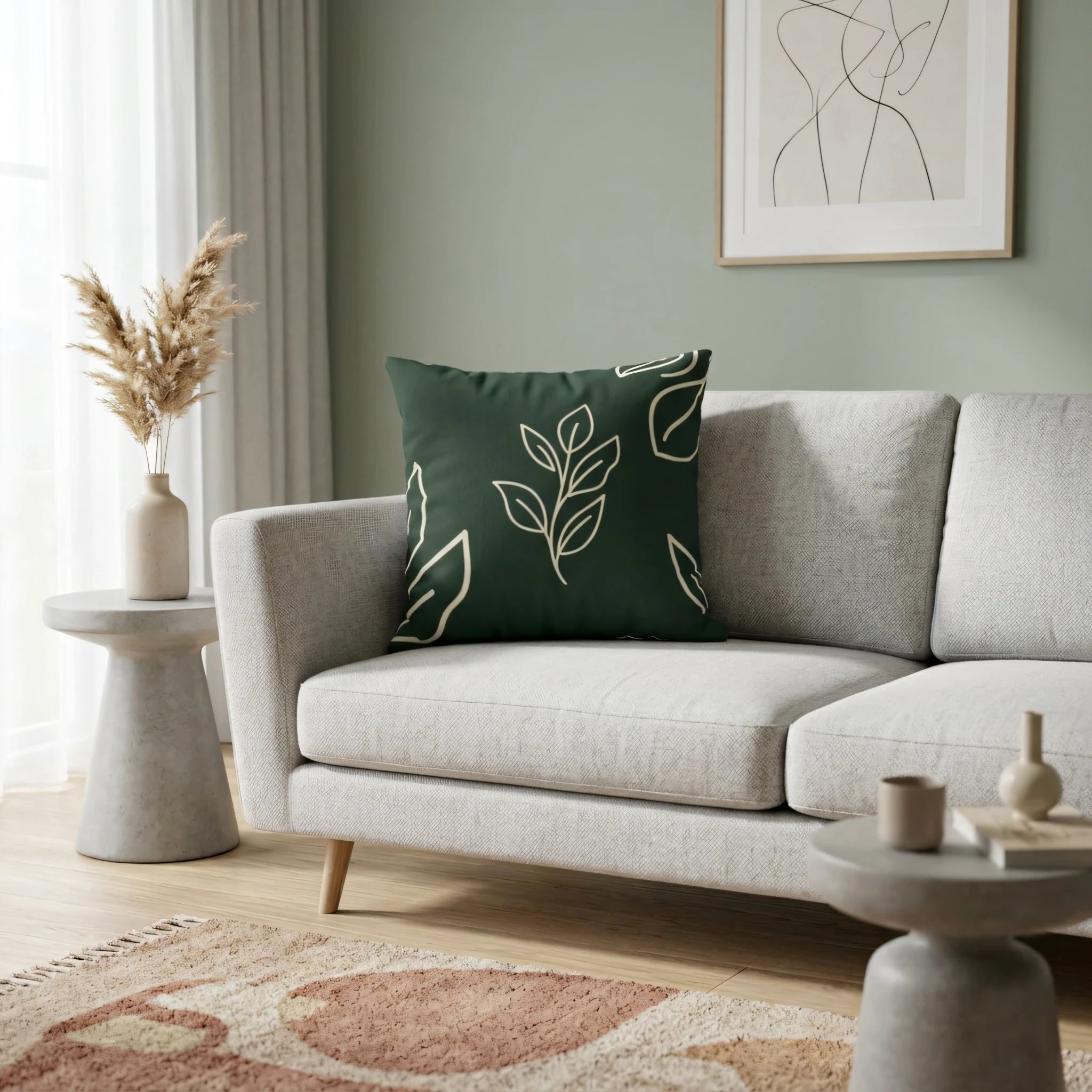 Dark green decorative pillow with white leaf line art on a grey sofa in a minimalist living room with sage walls and natural light.