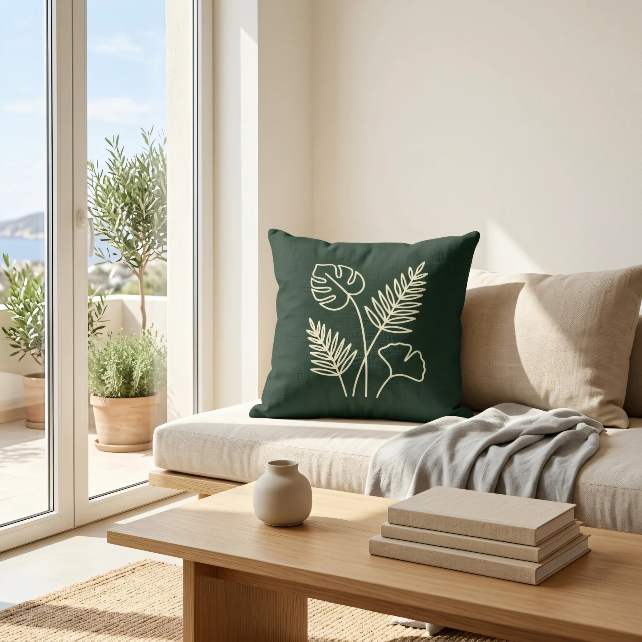 Green botanical leaf pattern throw pillow on a beige sofa in a sunlit modern living room with a wooden coffee table and scenic balcony view.