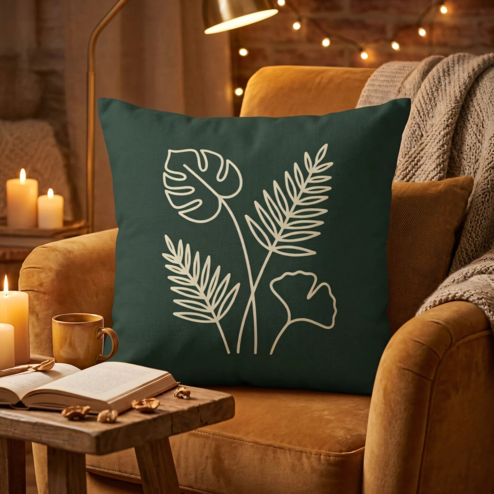 Dark forest green botanical leaf pillow on a cozy armchair with warm candlelight, an open book, and a mug on a side table.