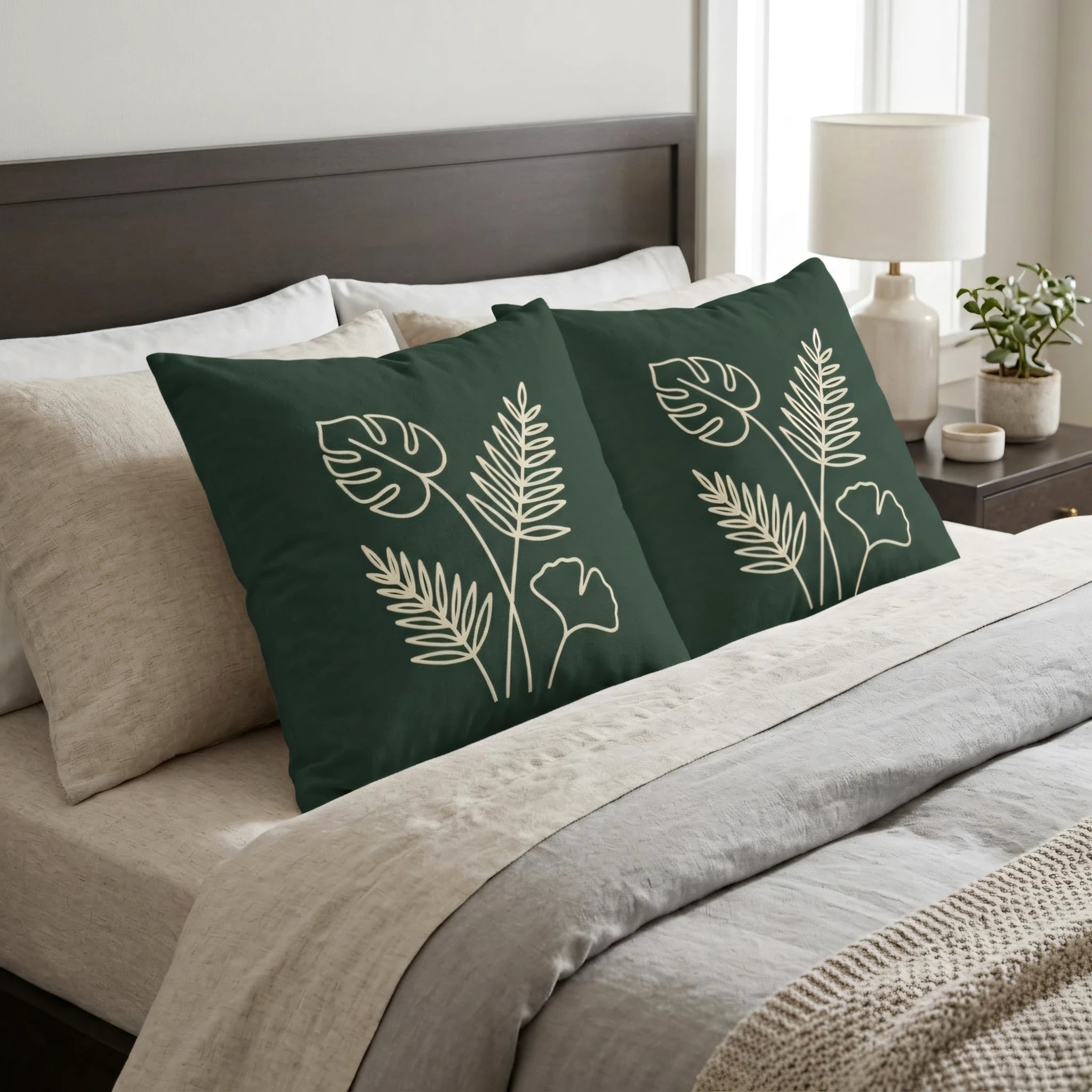 Two dark green throw pillows with cream botanical line art on a beige bed, set in a modern bedroom with a lamp and plant.