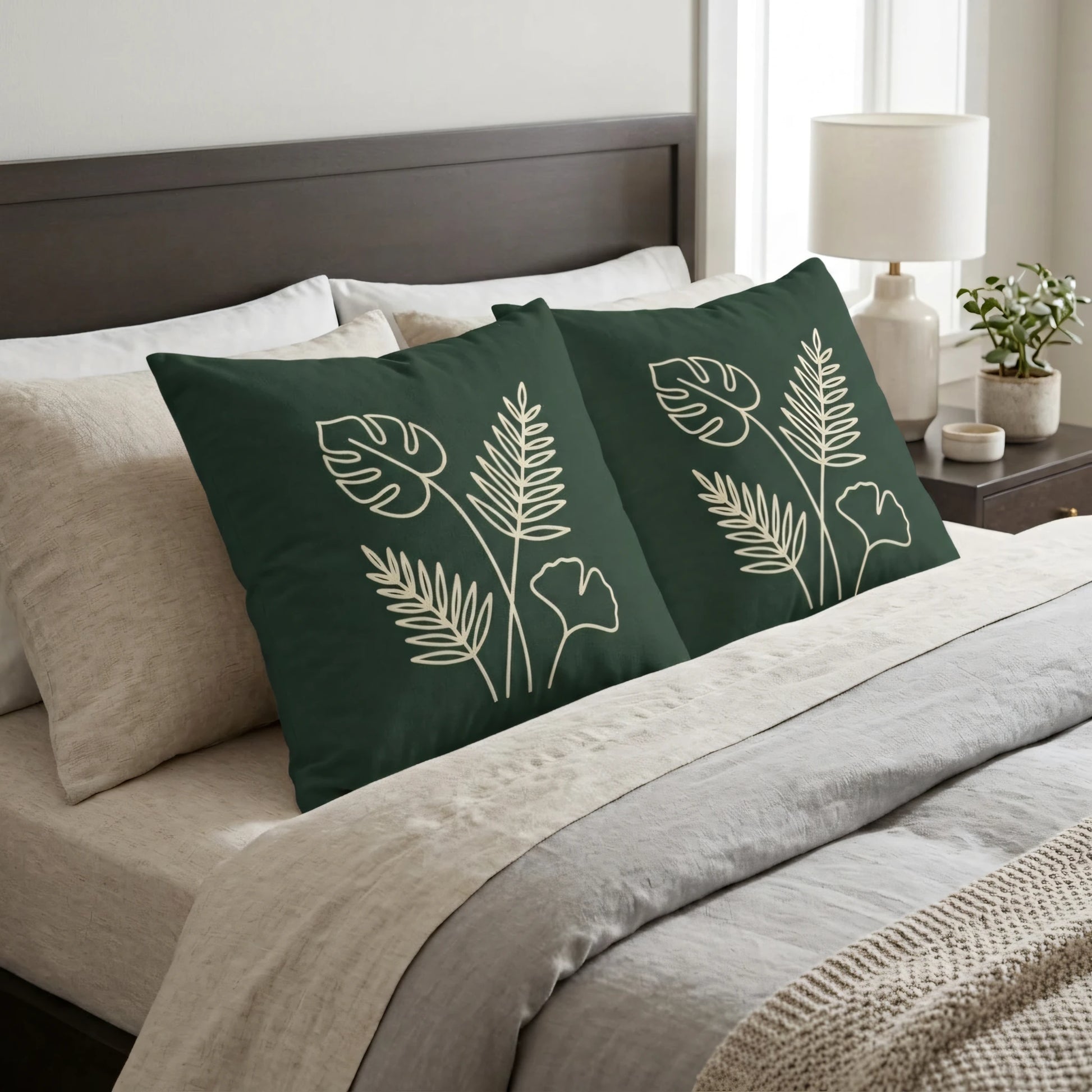 Two dark green throw pillows with cream botanical line art on a beige bed, set in a modern bedroom with a lamp and plant.