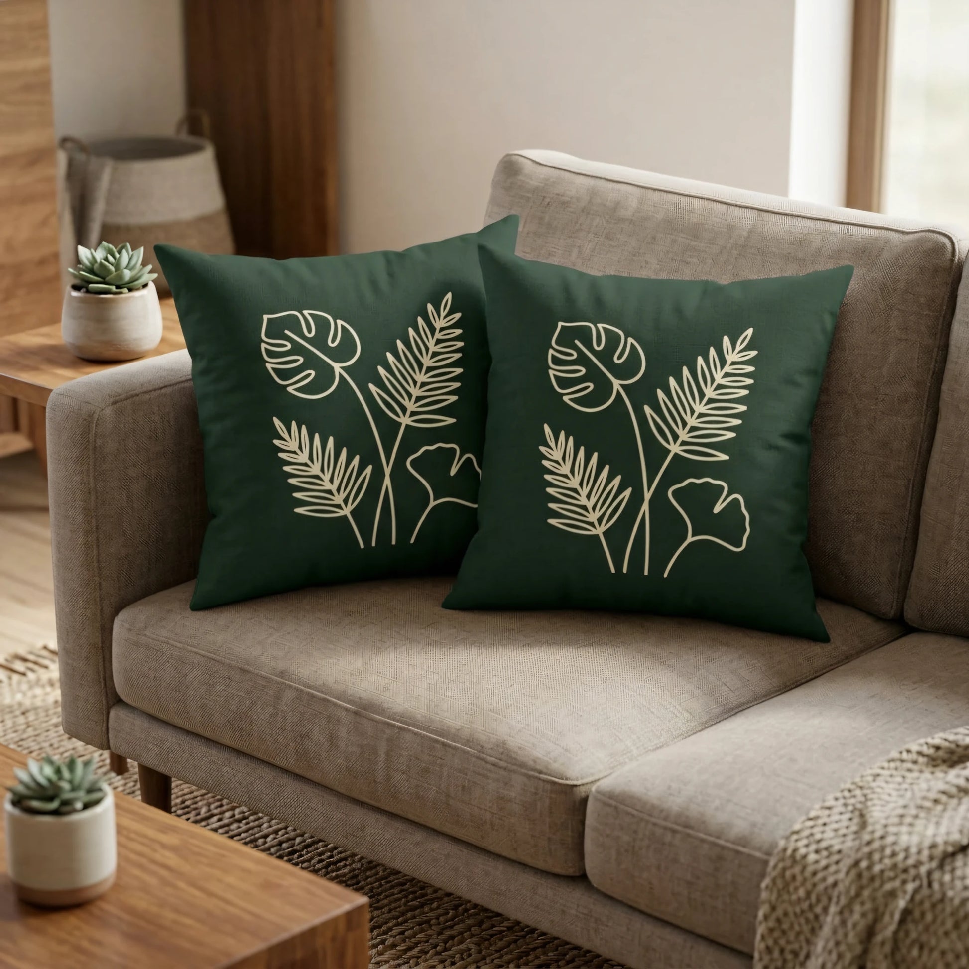 Two dark green decorative cushions with botanical leaf line art displayed on a neutral beige sofa in a modern, cozy living room setting.