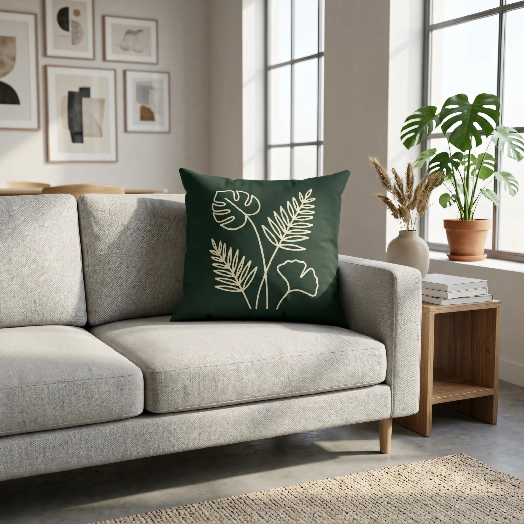 Dark green botanical print throw pillow with leaf line art on a light grey sofa in a bright modern living room setting.