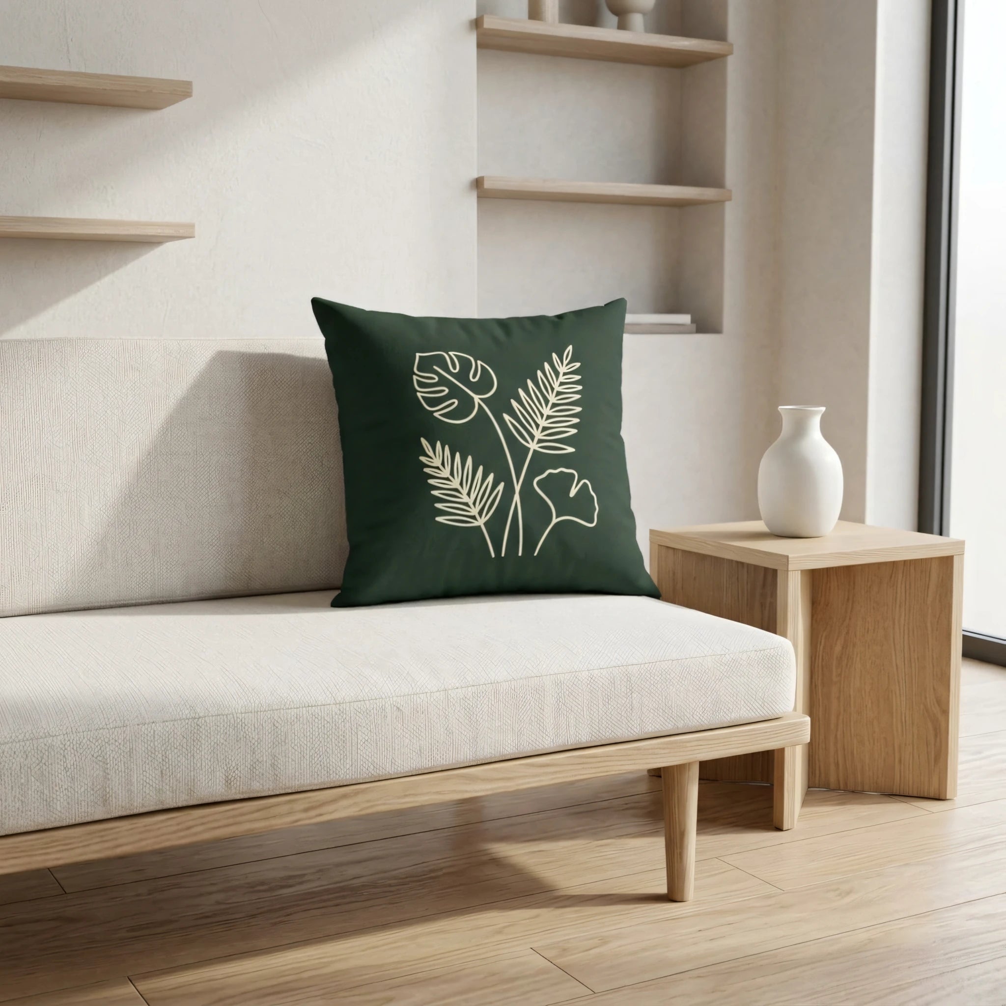 Dark green cushion with white botanical leaf art on a beige sofa in a minimalist interior with a wooden side table and white vase.