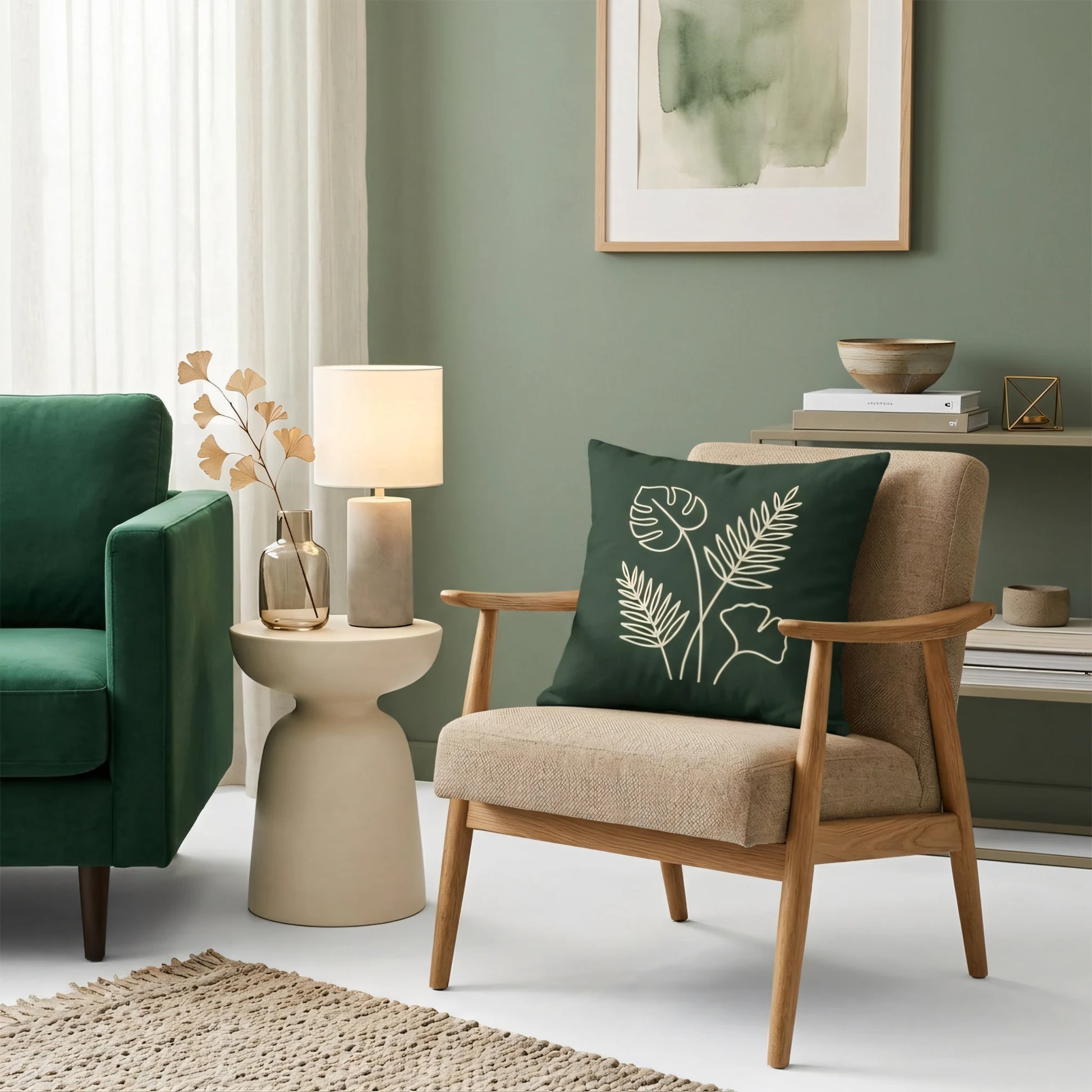 Dark green throw pillow featuring botanical leaf art on a beige armchair in a stylish living room with green walls and a lamp.