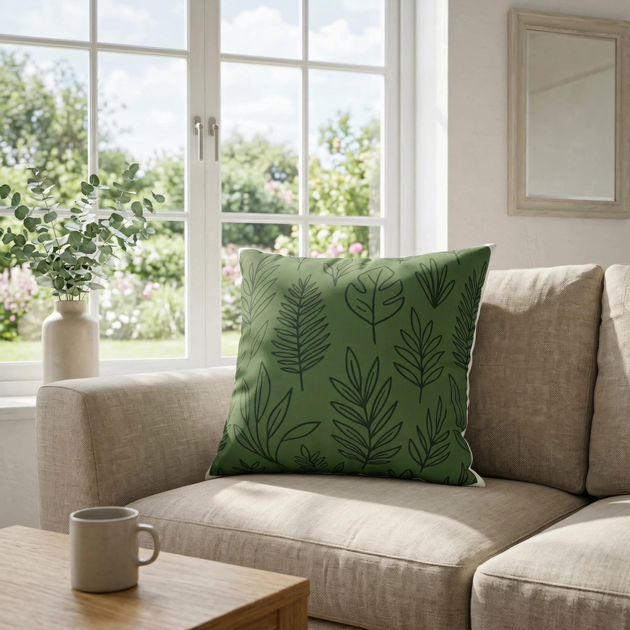 Decorative green pillow with a black botanical leaf pattern on a beige sofa in a bright, sunlit living room with a scenic garden window view.