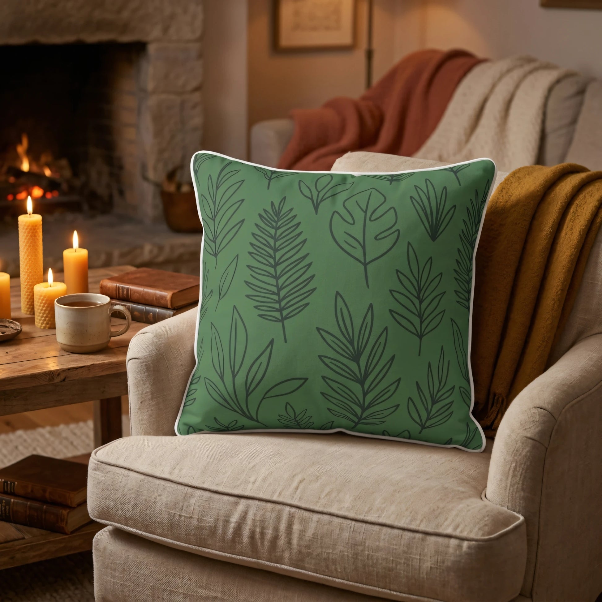 Green botanical leaf print throw pillow on a beige armchair in a cozy living room setting with a glowing fireplace and warm lit candles.