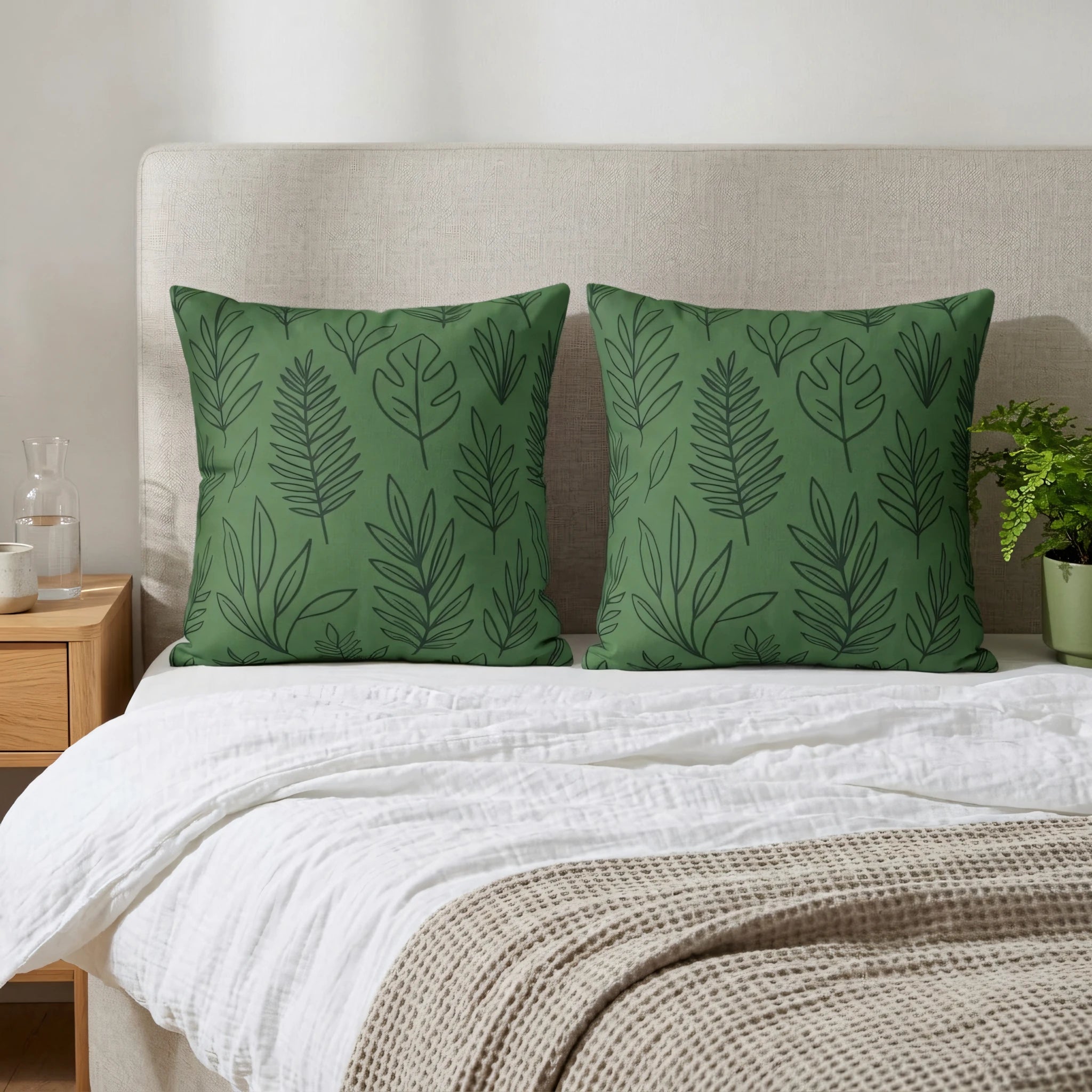 Pair of green botanical leaf print cushions on a cozy white bed with a beige knit blanket and a potted plant in a modern bedroom.