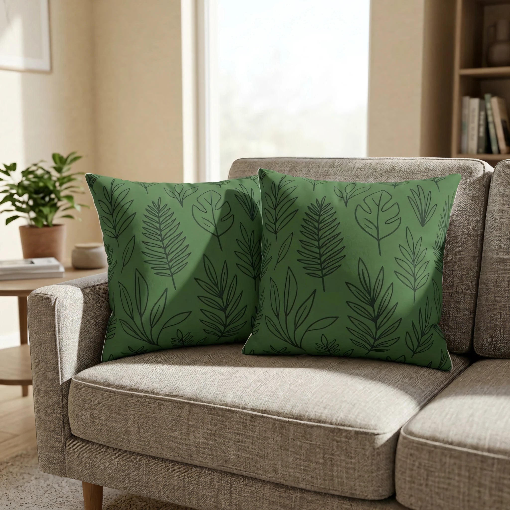 Two dark green cushions featuring botanical leaf patterns on a beige textured sofa in a bright, modern living room lifestyle setting.