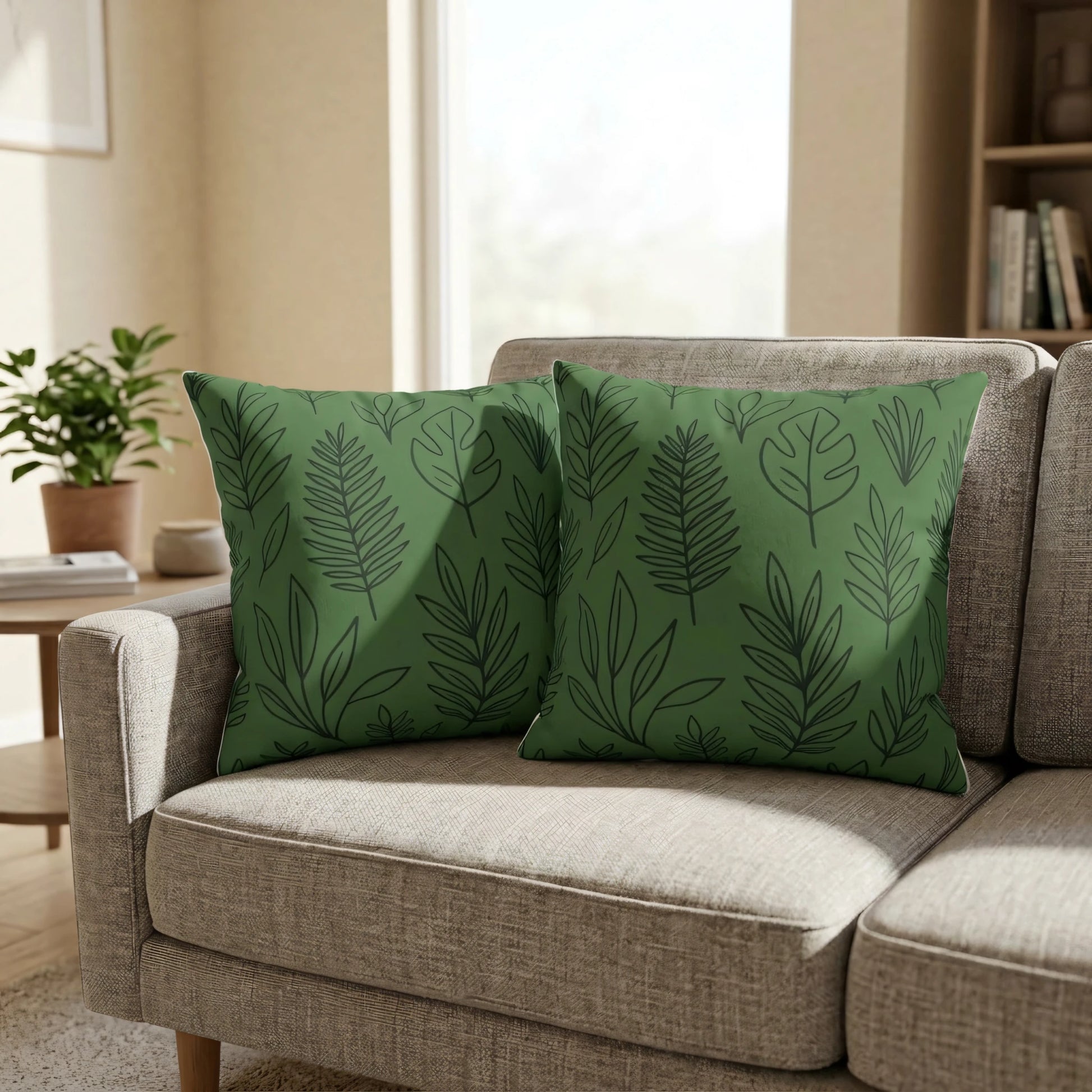 Two dark green cushions featuring botanical leaf patterns on a beige textured sofa in a bright, modern living room lifestyle setting.