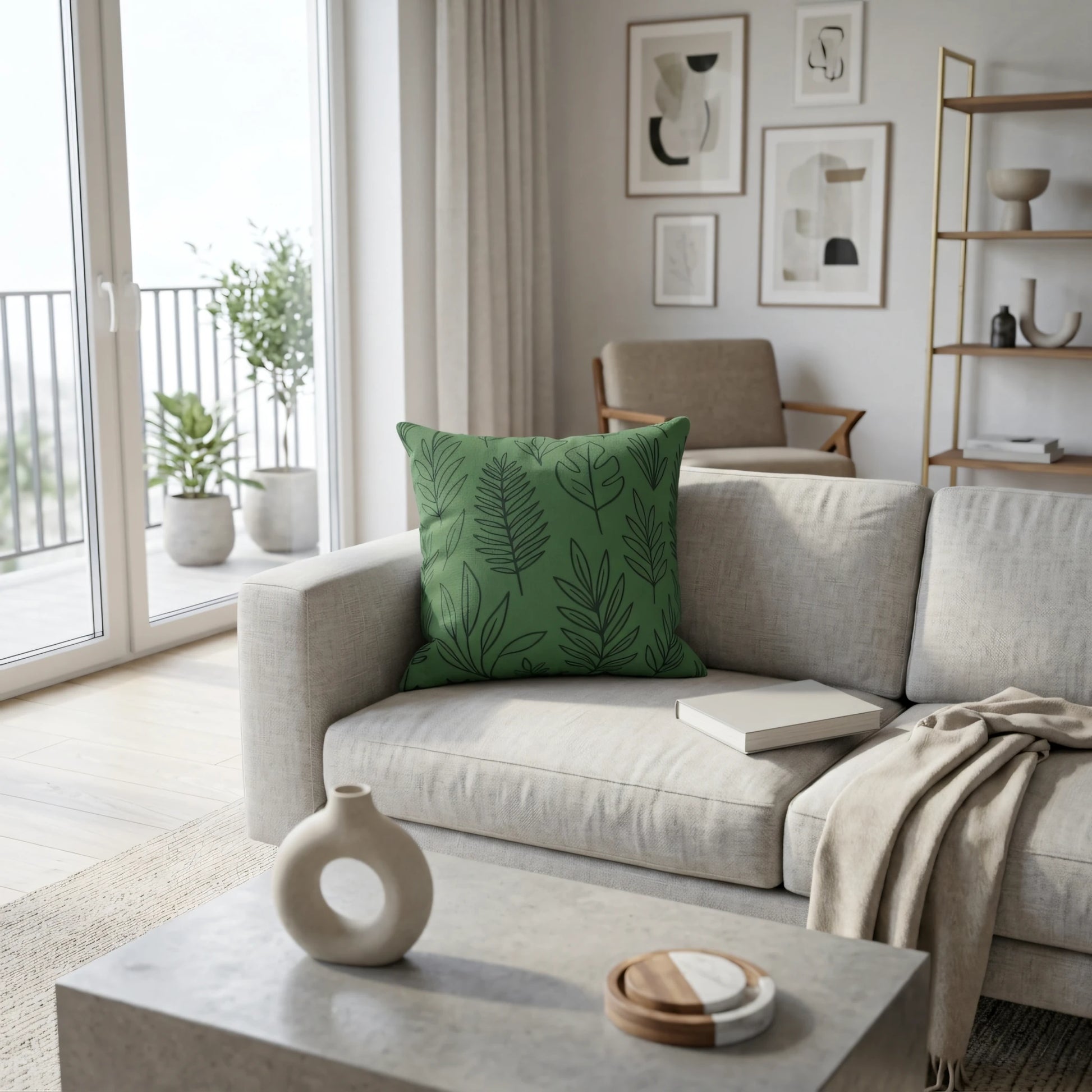 Green throw pillow with black leaf patterns on a beige sofa in a modern living room lifestyle scene with minimalist decor.
