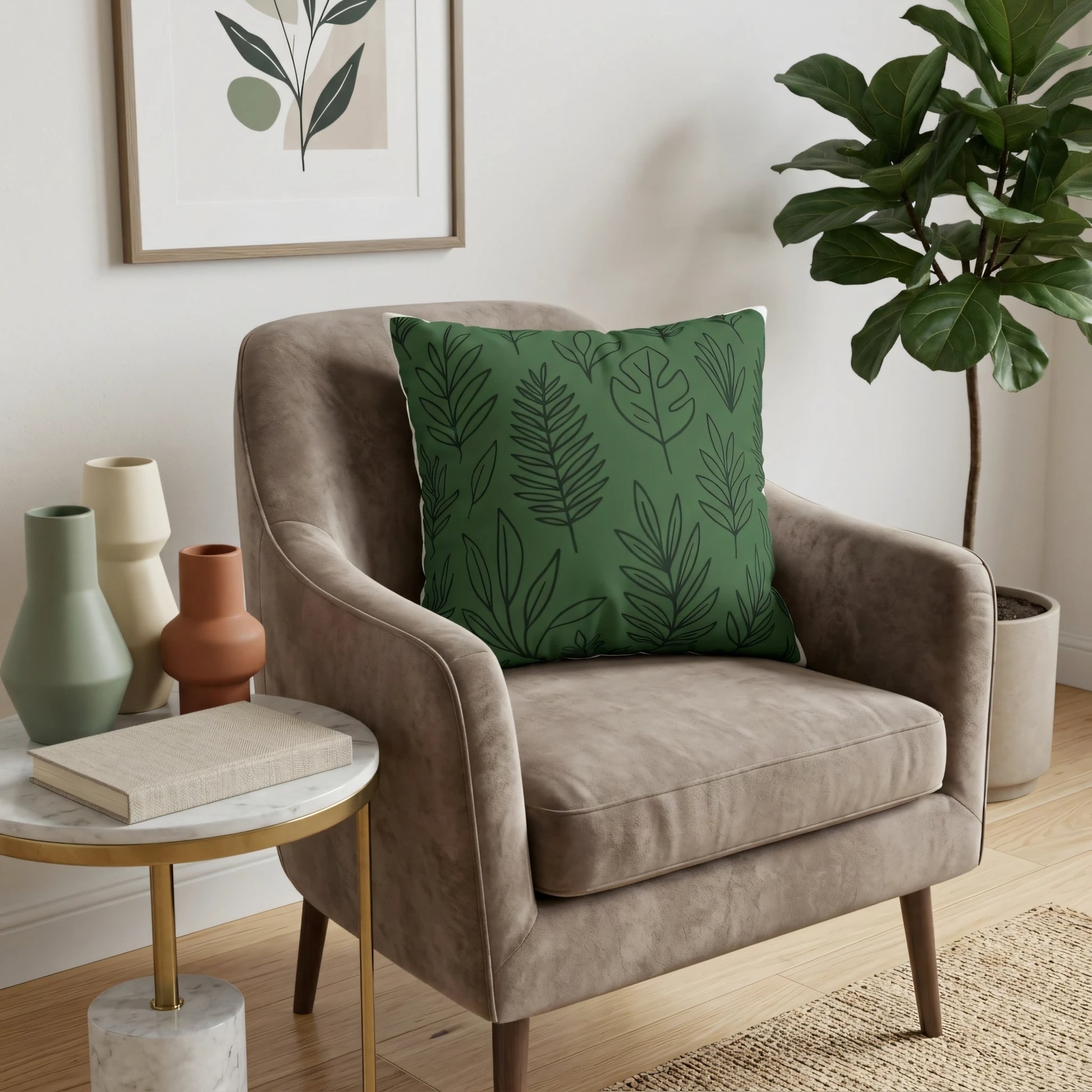 Green cushion featuring black leaf prints on a beige velvet armchair in a bright, modern interior with a fiddle leaf fig plant.