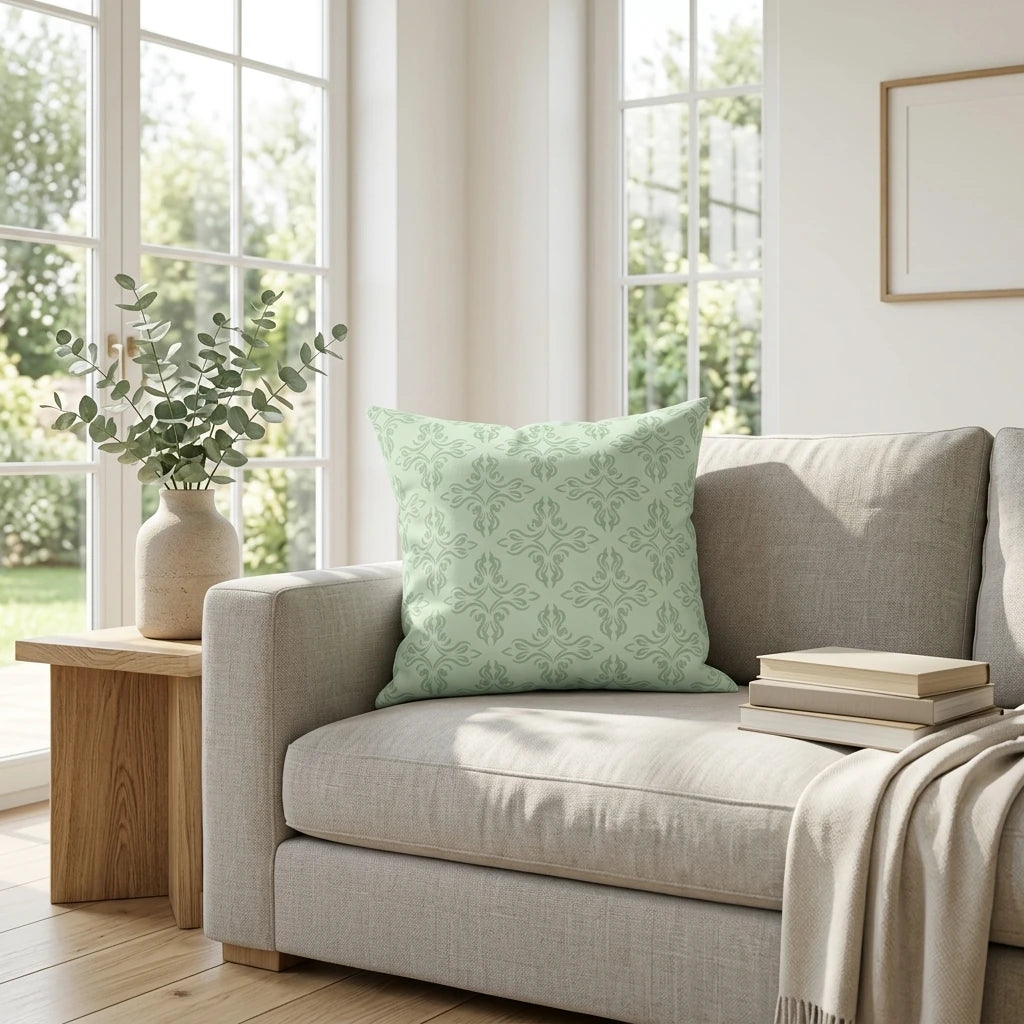 Light green ornate pattern cushion on a modern sofa in a bright, sunlit living room lifestyle scene with indoor plants.