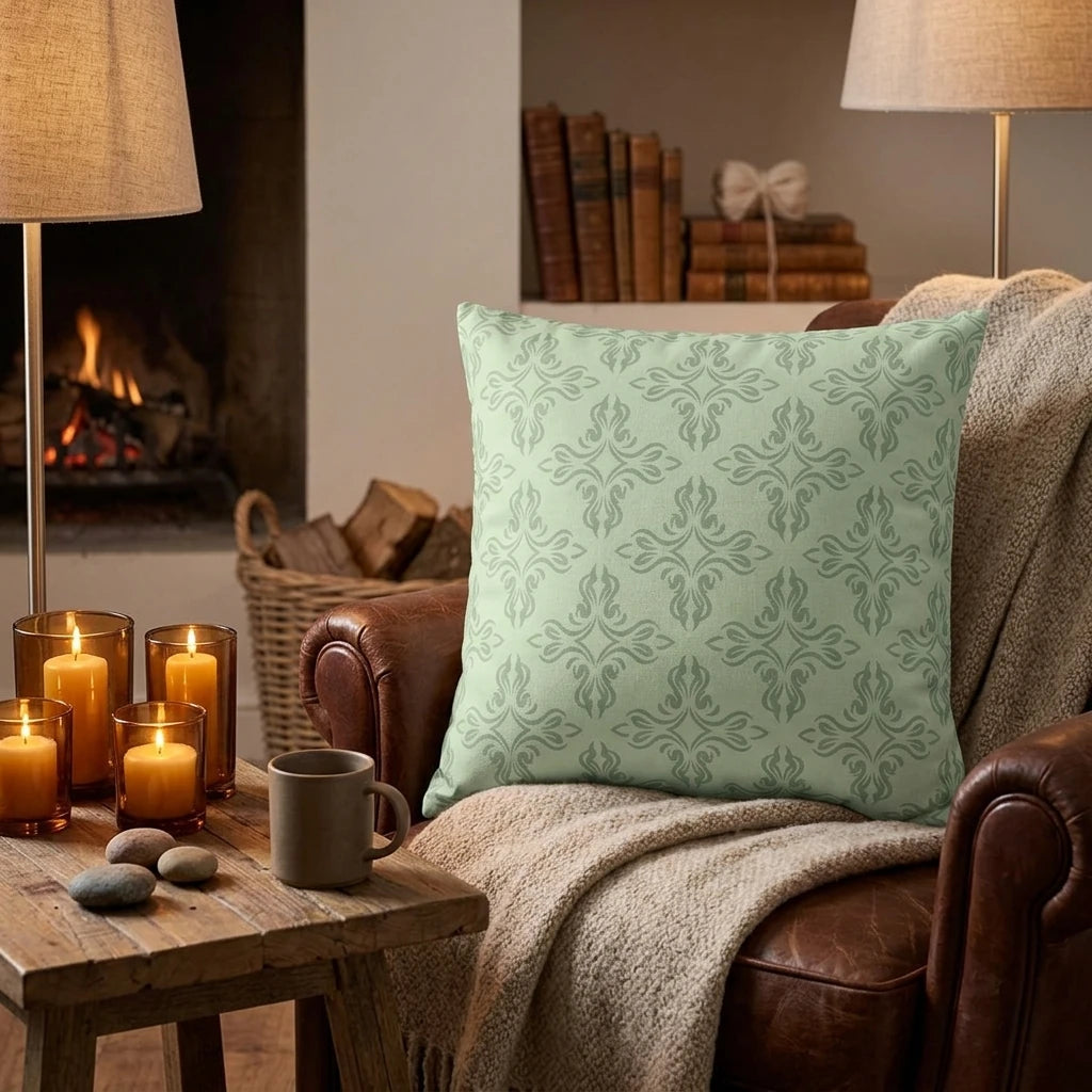 Sage green damask patterned pillow on a leather armchair in a cozy living room with a glowing fireplace and warm candles.
