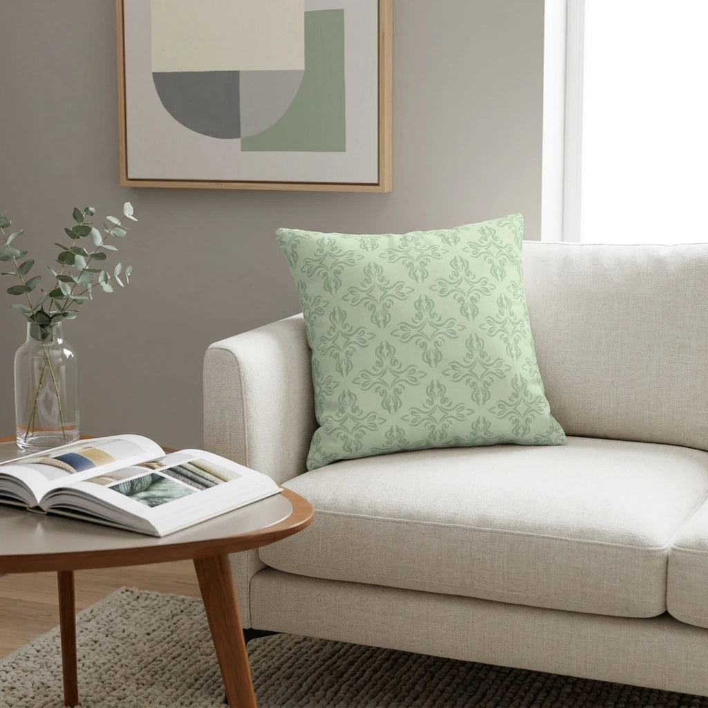Light green pillow with a damask pattern on a white sofa in a modern living room setting with a wooden table and wall art.
