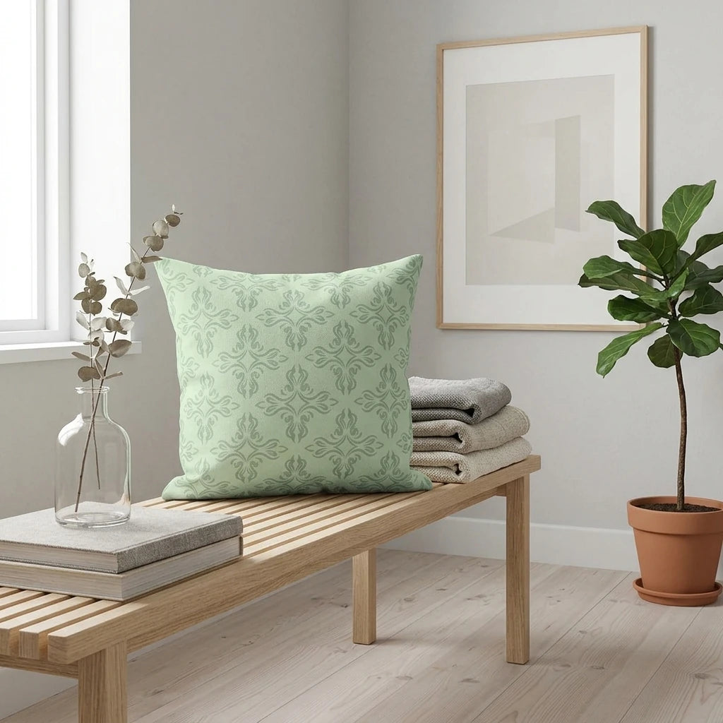 Pale green damask print throw pillow on a wooden slatted bench in a bright minimalist room with plants and neutral decor.