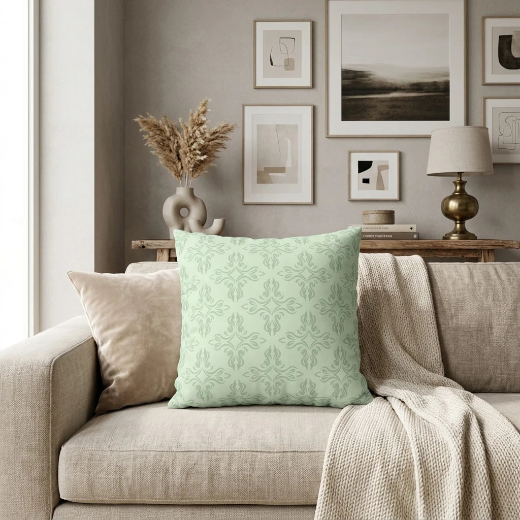 Light green damask patterned cushion on a neutral beige sofa in a cozy minimalist living room lifestyle setting with framed wall art.