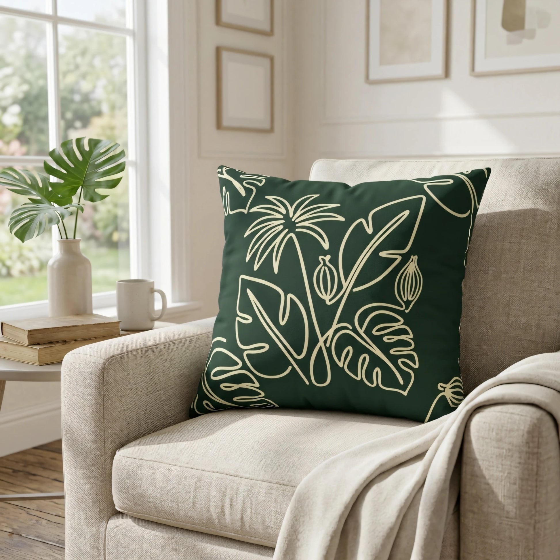 A dark green cushion featuring cream monstera and palm leaf line art, resting on a beige armchair in a bright, sunlit room near a window.