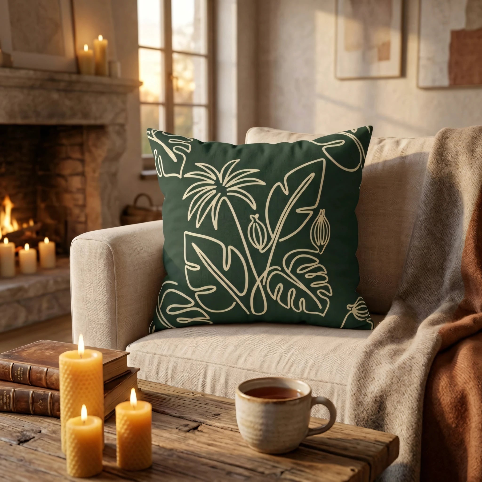 Tropical dark green botanical cushion with white leaf line art on a cream sofa in a cozy fireplace setting with warm candle lighting.