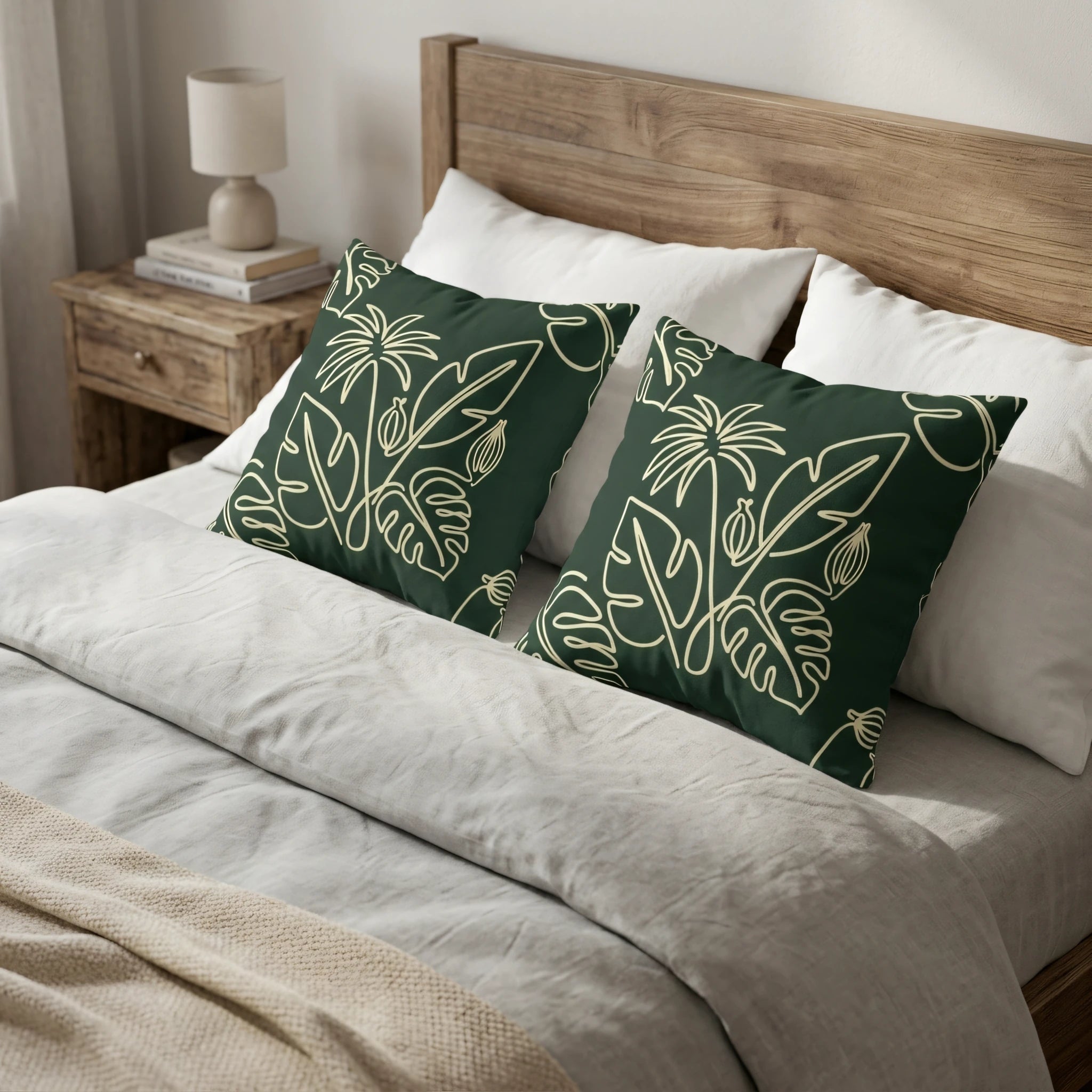 Pair of dark green decorative pillows featuring beige tropical line art designs on a cozy bed with grey linens and a wooden headboard.