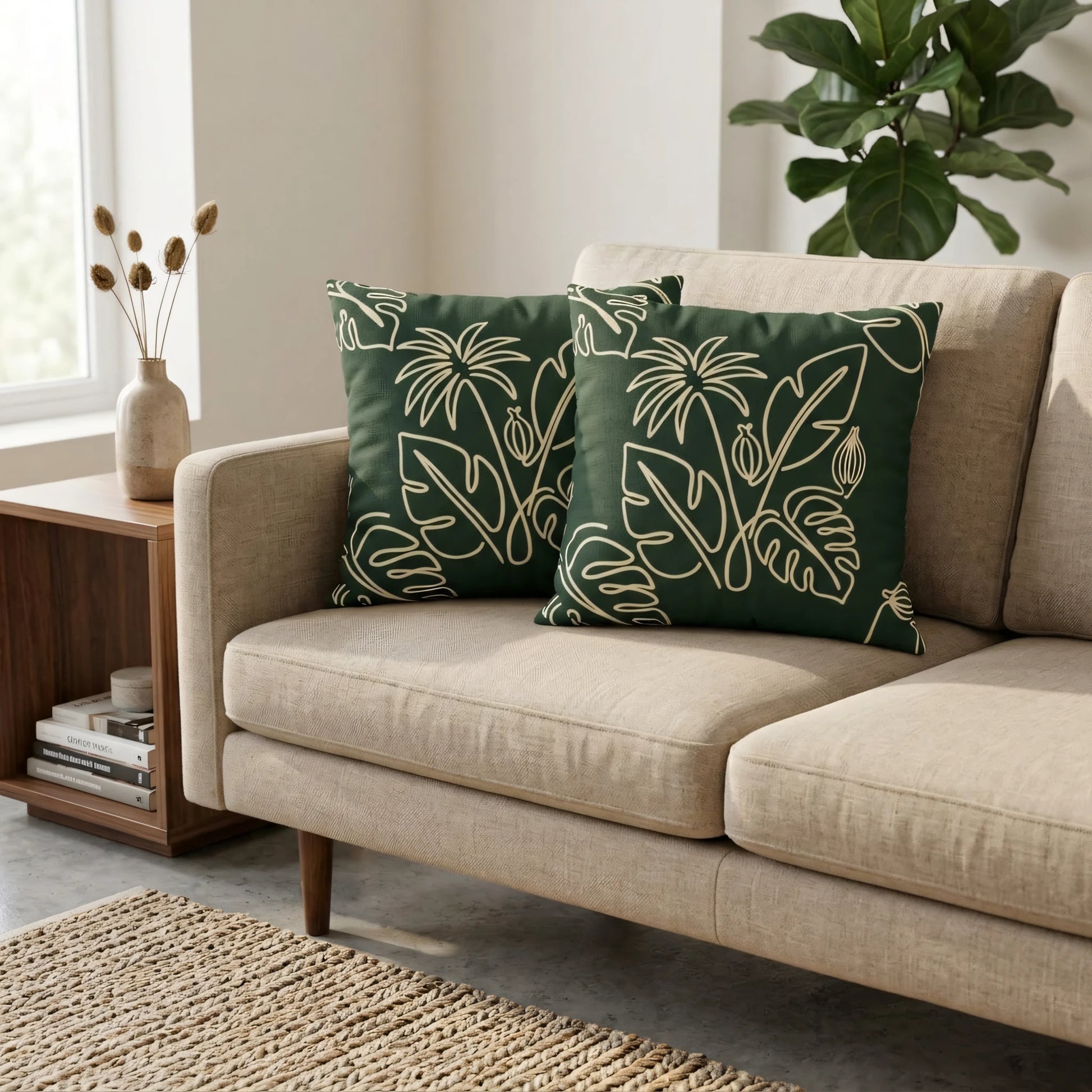 Pair of dark green botanical print cushions featuring cream tropical line art on a neutral fabric sofa in a modern interior.