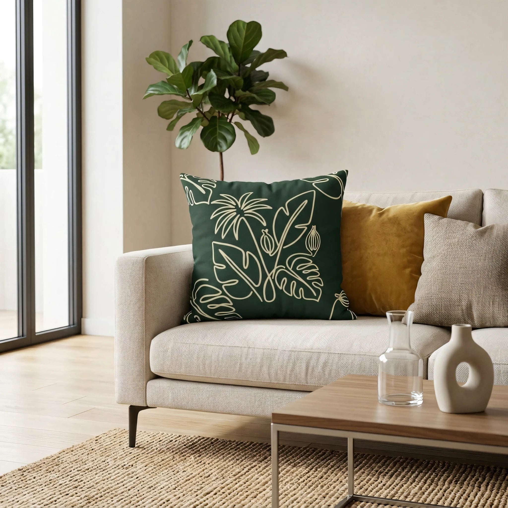Modern dark green throw pillow with cream tropical leaf line art on a beige sofa in a bright, minimalist living room.